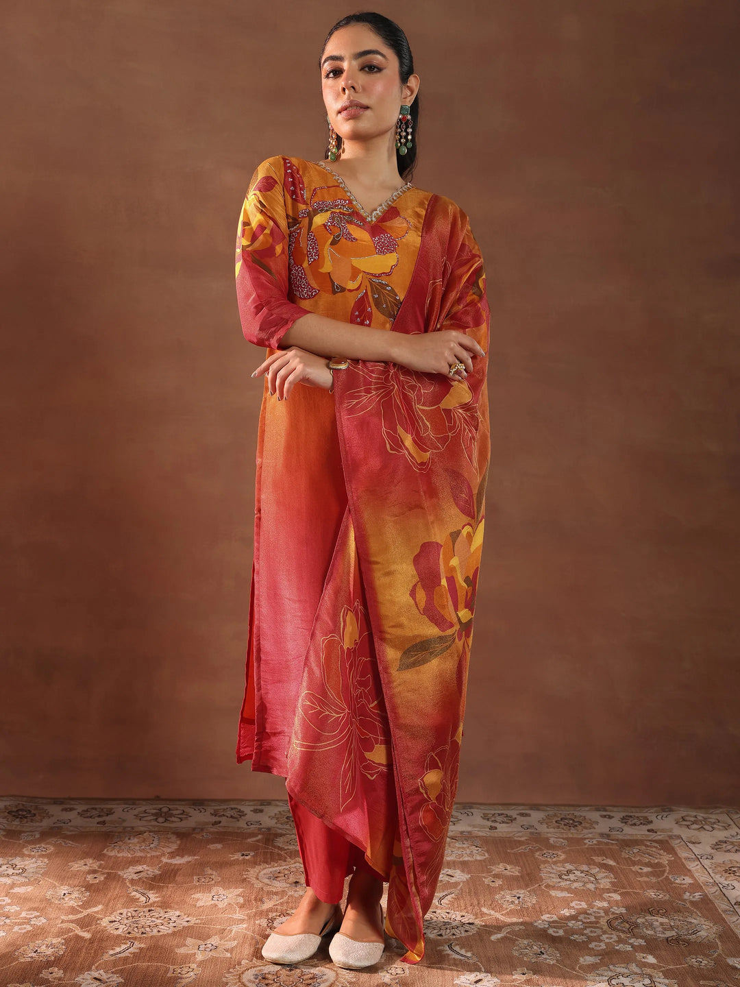 Orange Printed Silk Blend Straight Suit With Dupatta