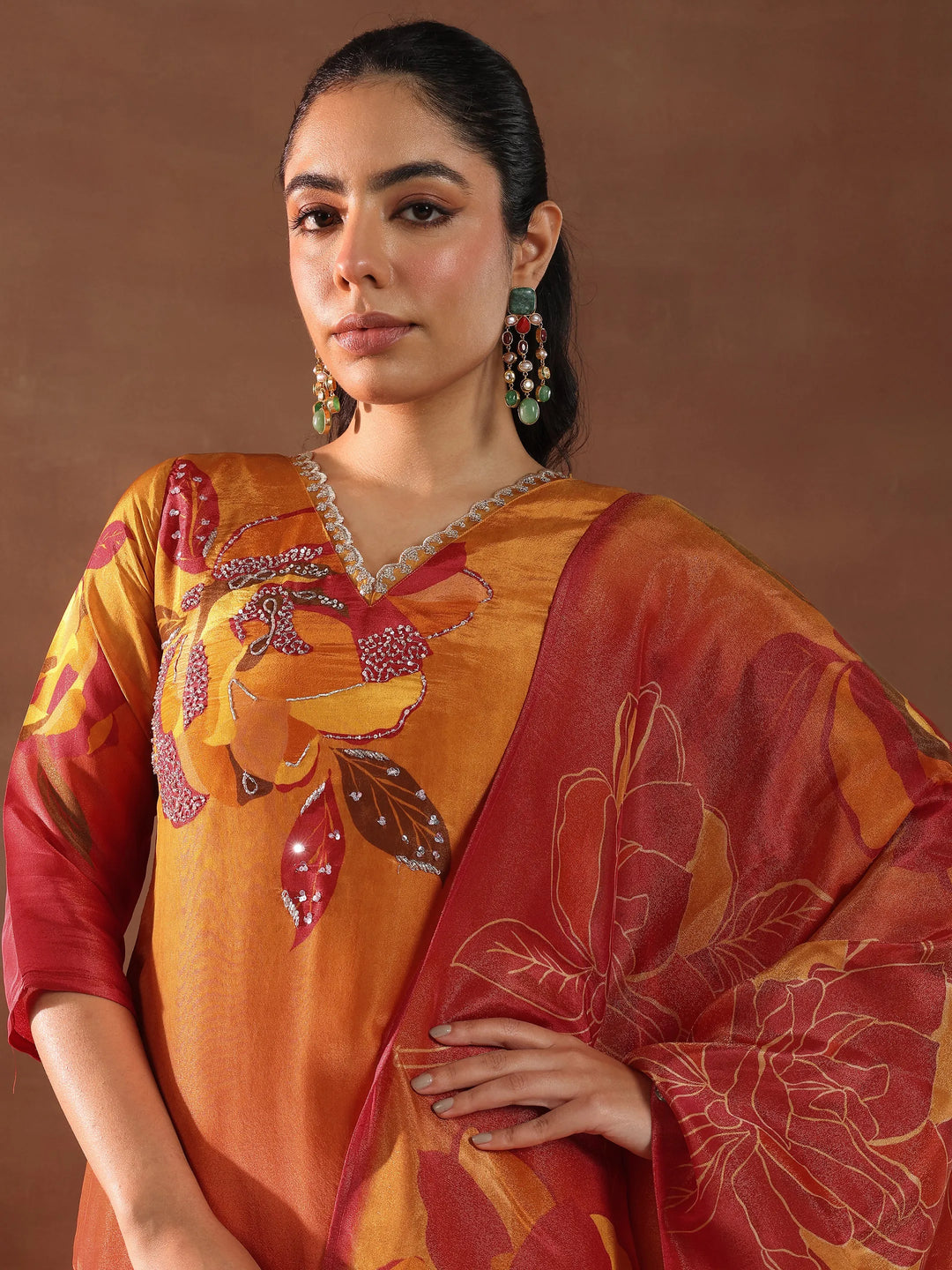  Orange Printed Silk Blend Straight Suit With Dupatta 