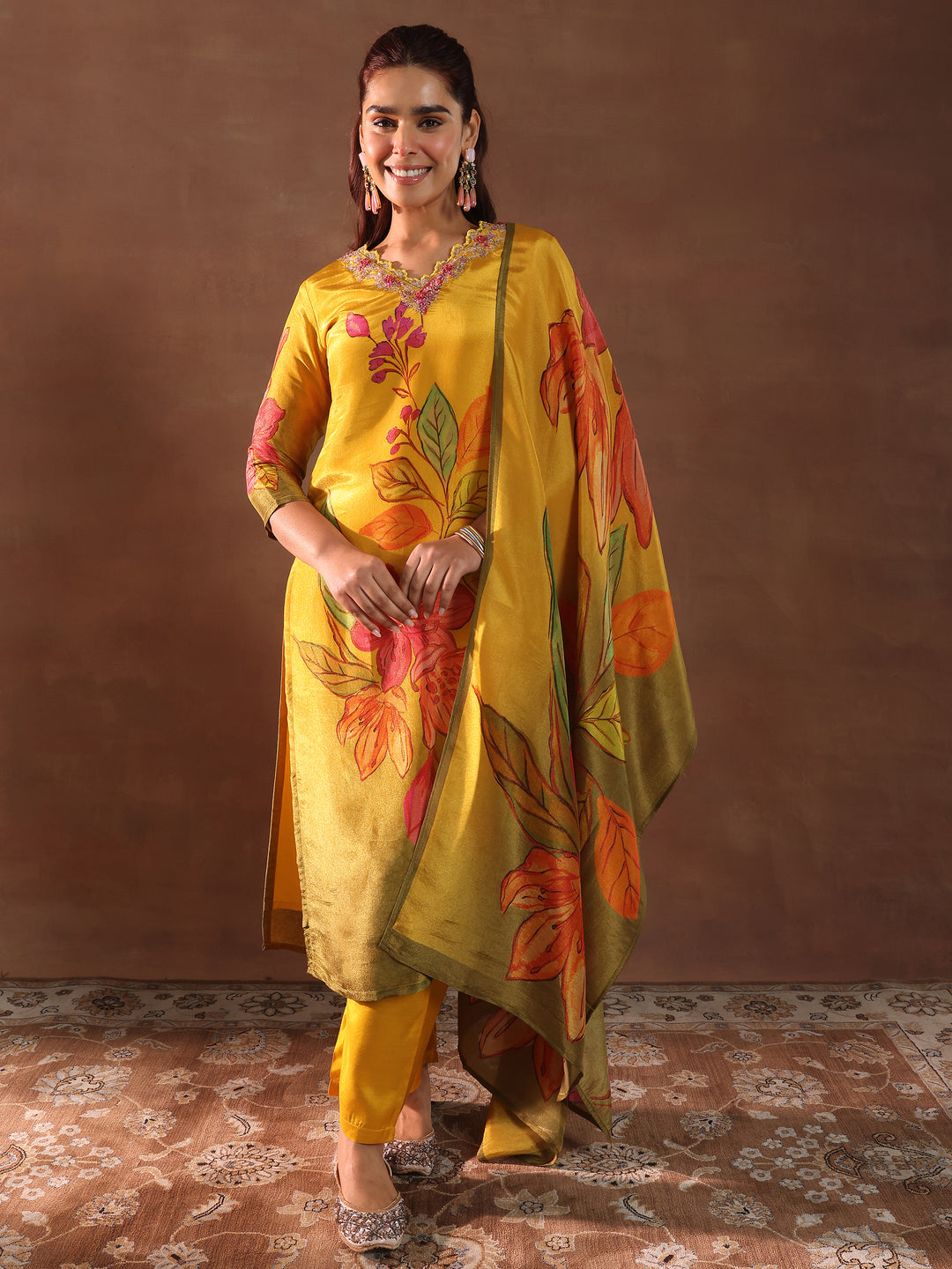  Mustard Printed Silk Blend Straight Suit With Dupatta 