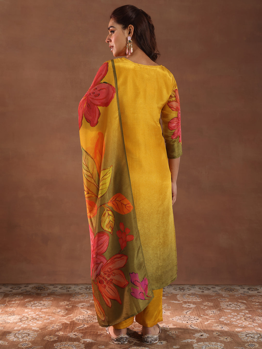  Mustard Printed Silk Blend Straight Suit With Dupatta 