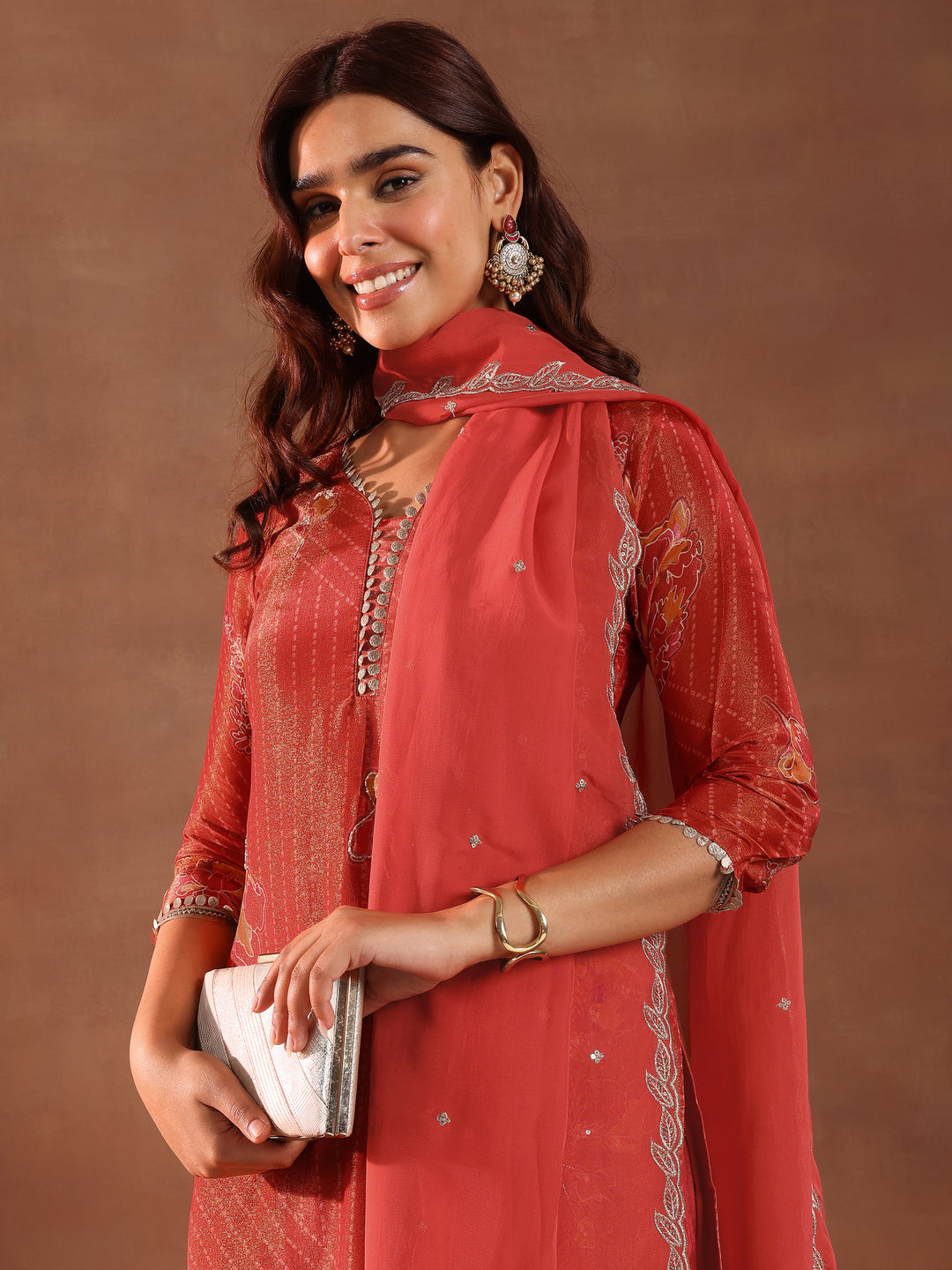  Red Printed Silk Blend Straight Suit With Dupatta 