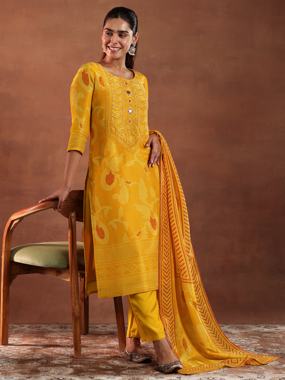  Mustard Printed Silk Blend Straight Suit With Dupatta 