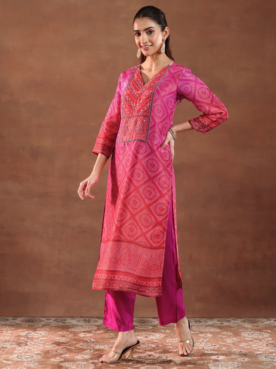  Pink Printed Silk Blend Straight Suit With Dupatta 