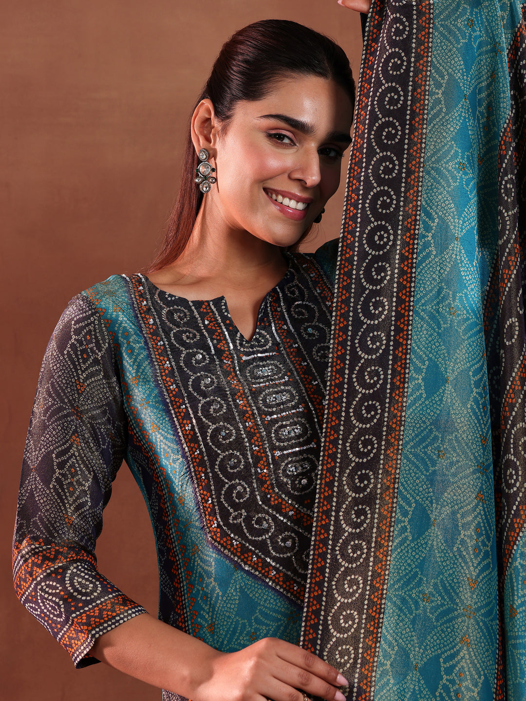 Blue Printed Silk Blend Straight Suit With Dupatta