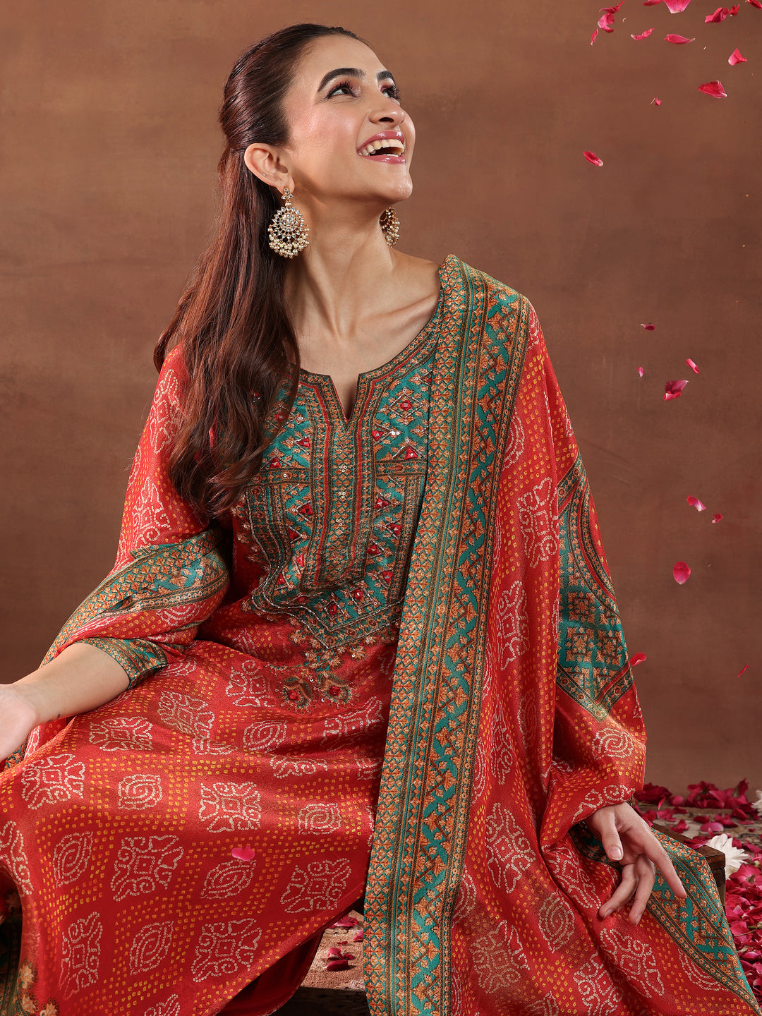 Orange Printed Silk Blend Straight Suit With Dupatta