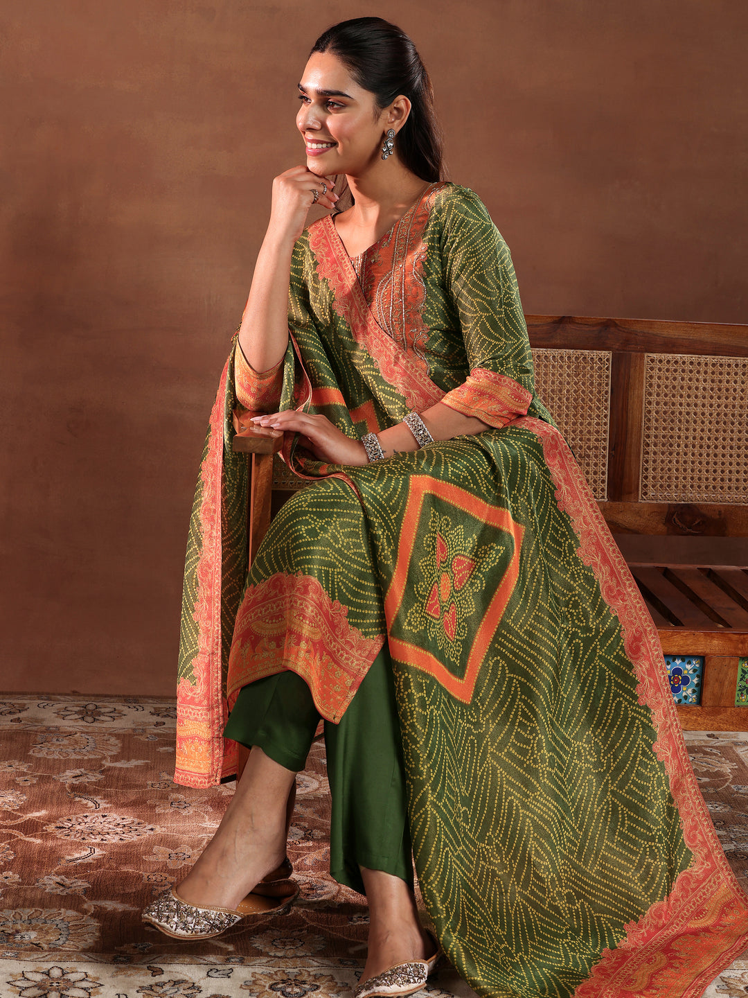  Green Printed Silk Blend Straight Suit With Dupatta 