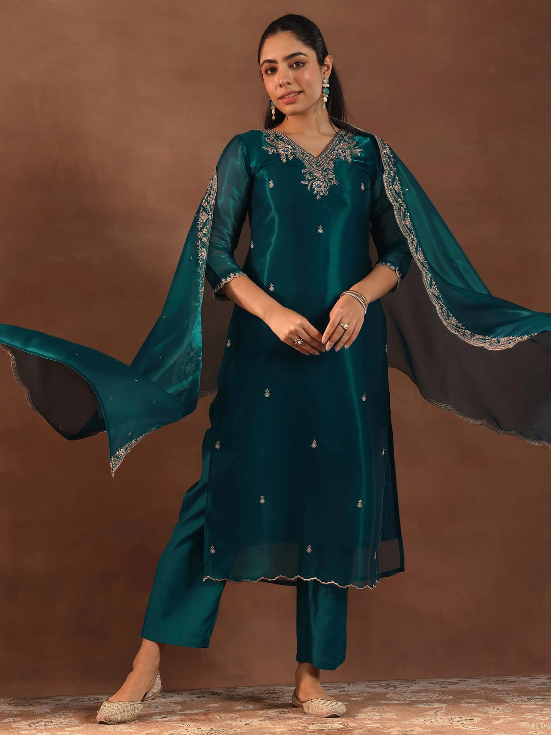  Teal Yoke Design Tissue Straight Suit With Dupatta 