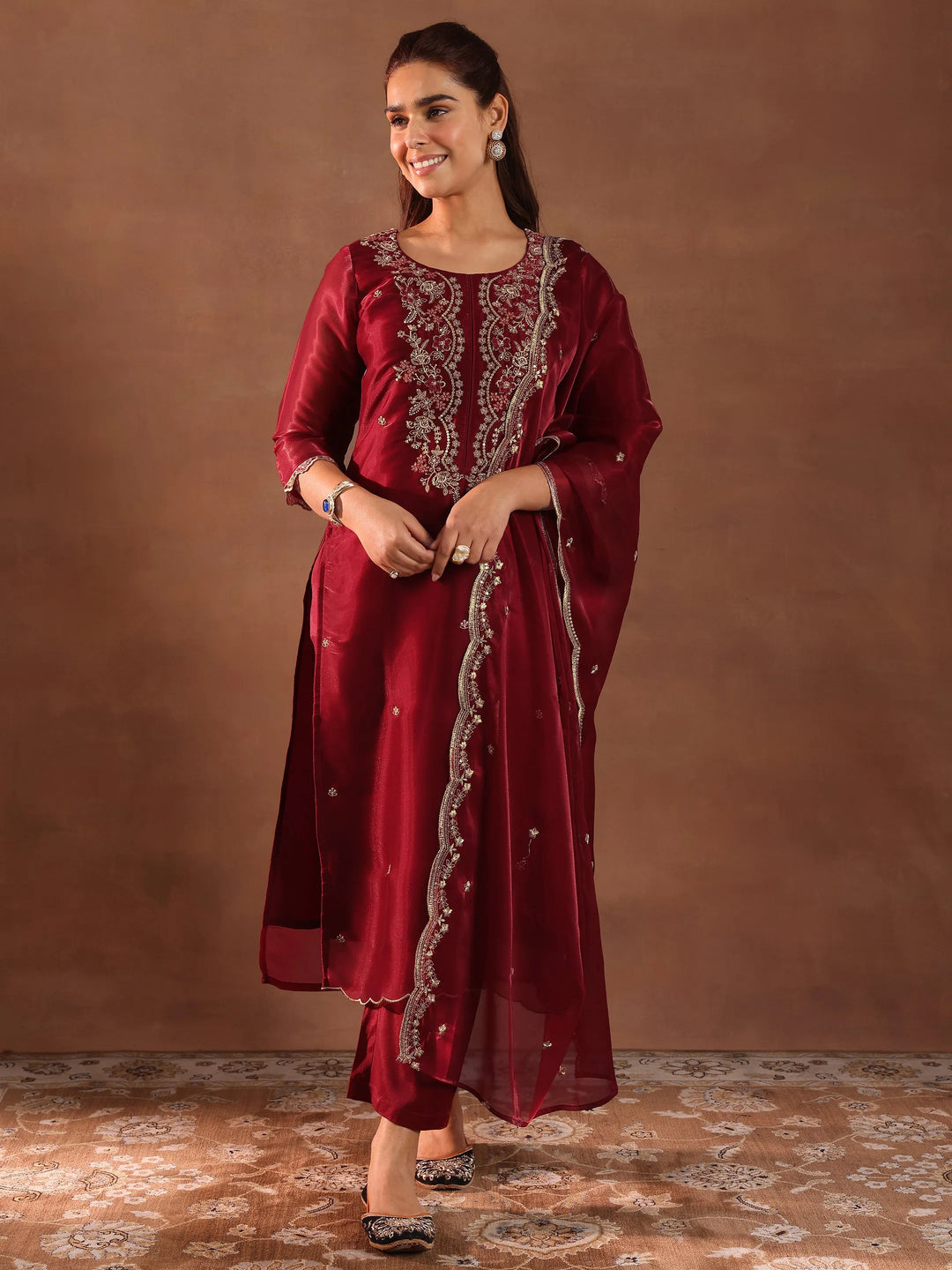  Maroon Yoke Design Tissue Straight Suit With Dupatta 