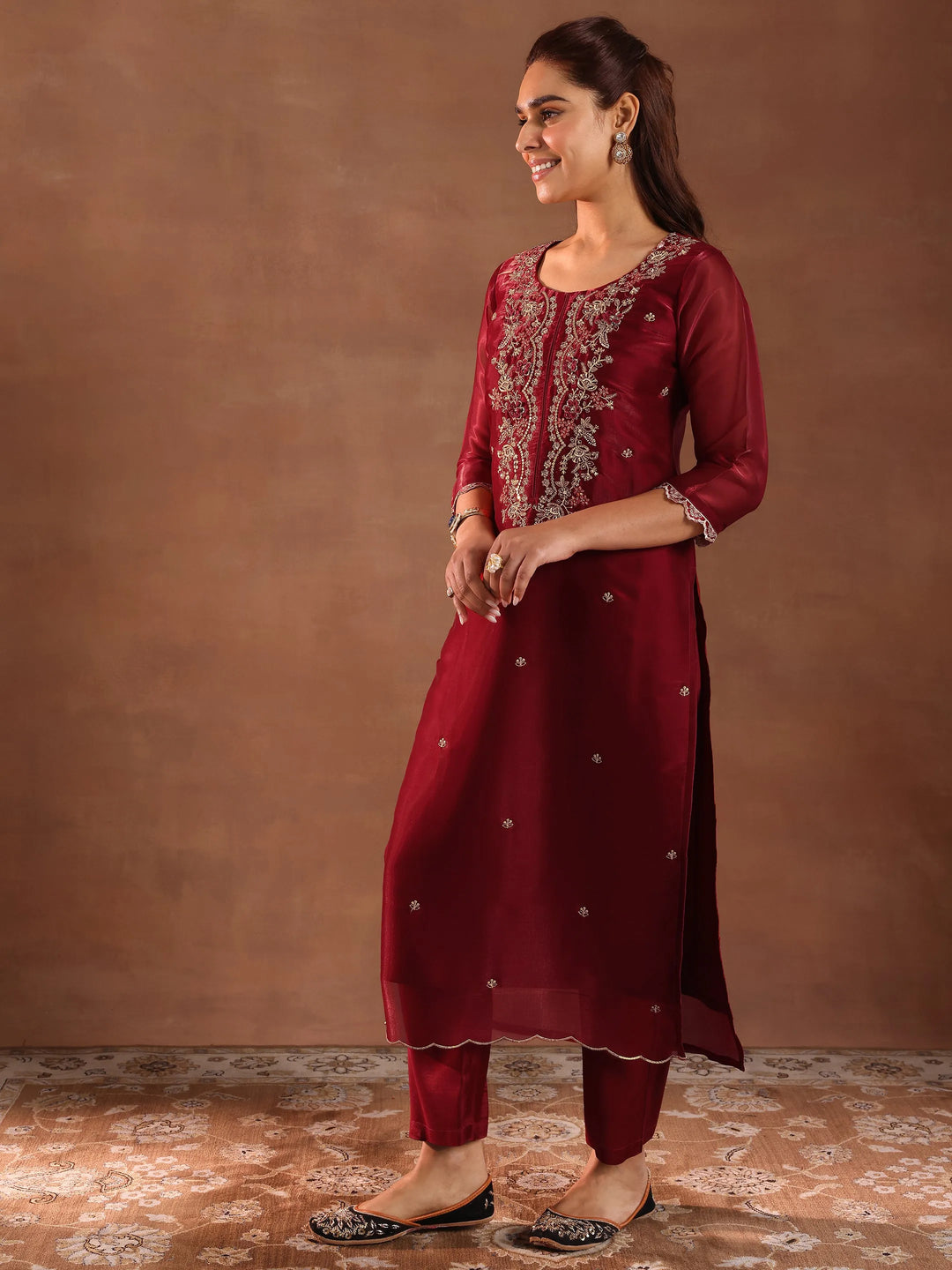  Maroon Yoke Design Tissue Straight Suit With Dupatta 