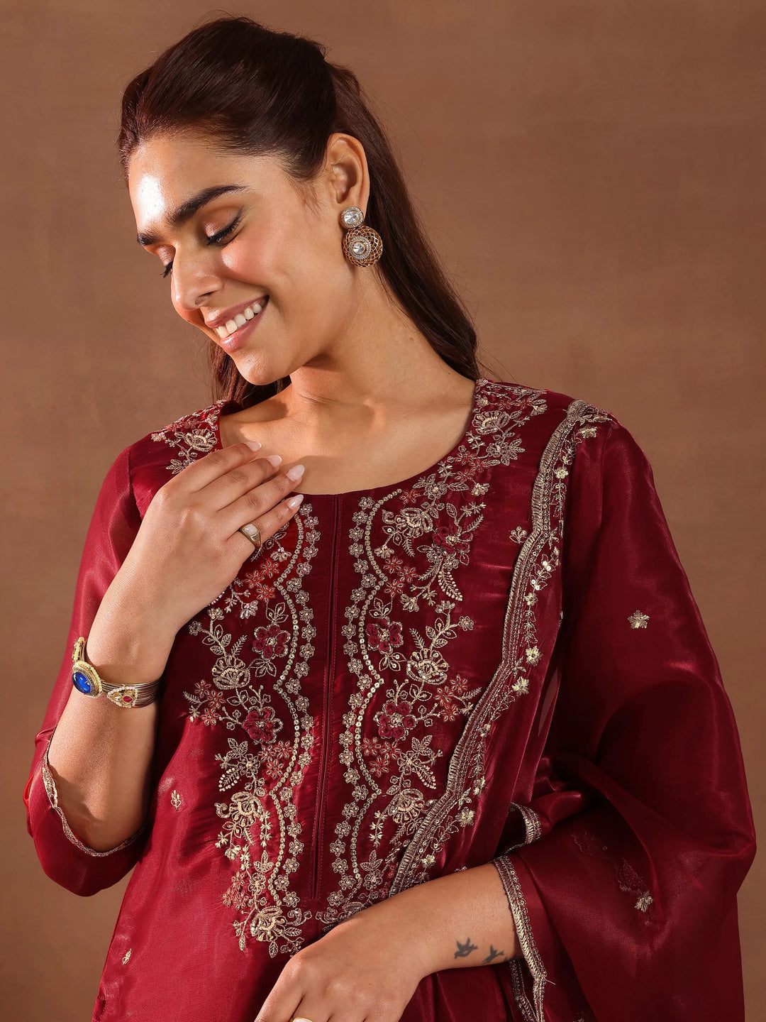  Maroon Yoke Design Tissue Straight Suit With Dupatta 