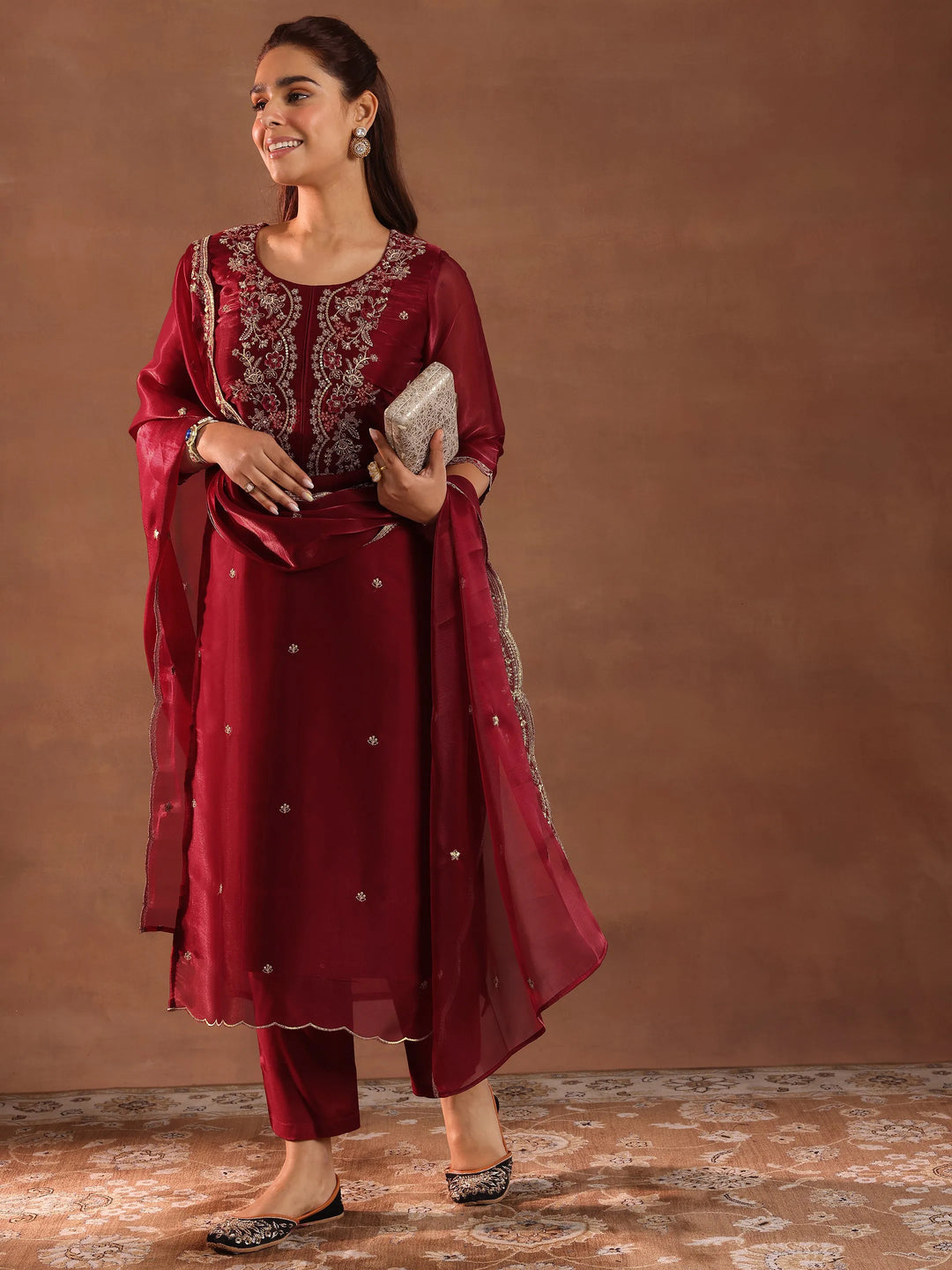 Maroon Yoke Design Tissue Straight Suit With Dupatta