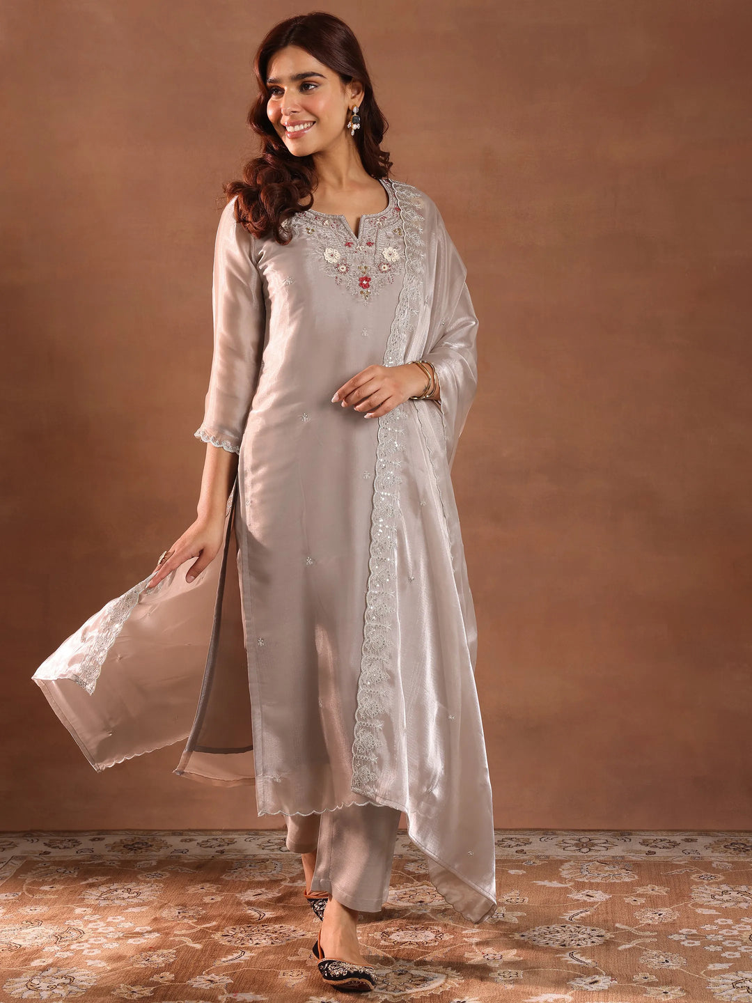 Taupe Yoke Design Tissue Straight Suit With Dupatta