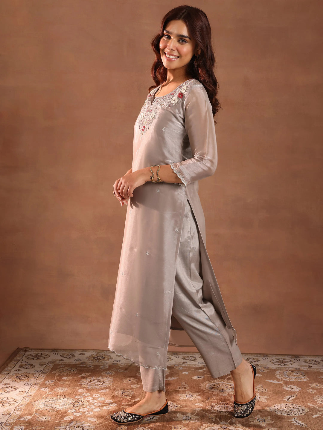  Taupe Yoke Design Tissue Straight Suit With Dupatta 