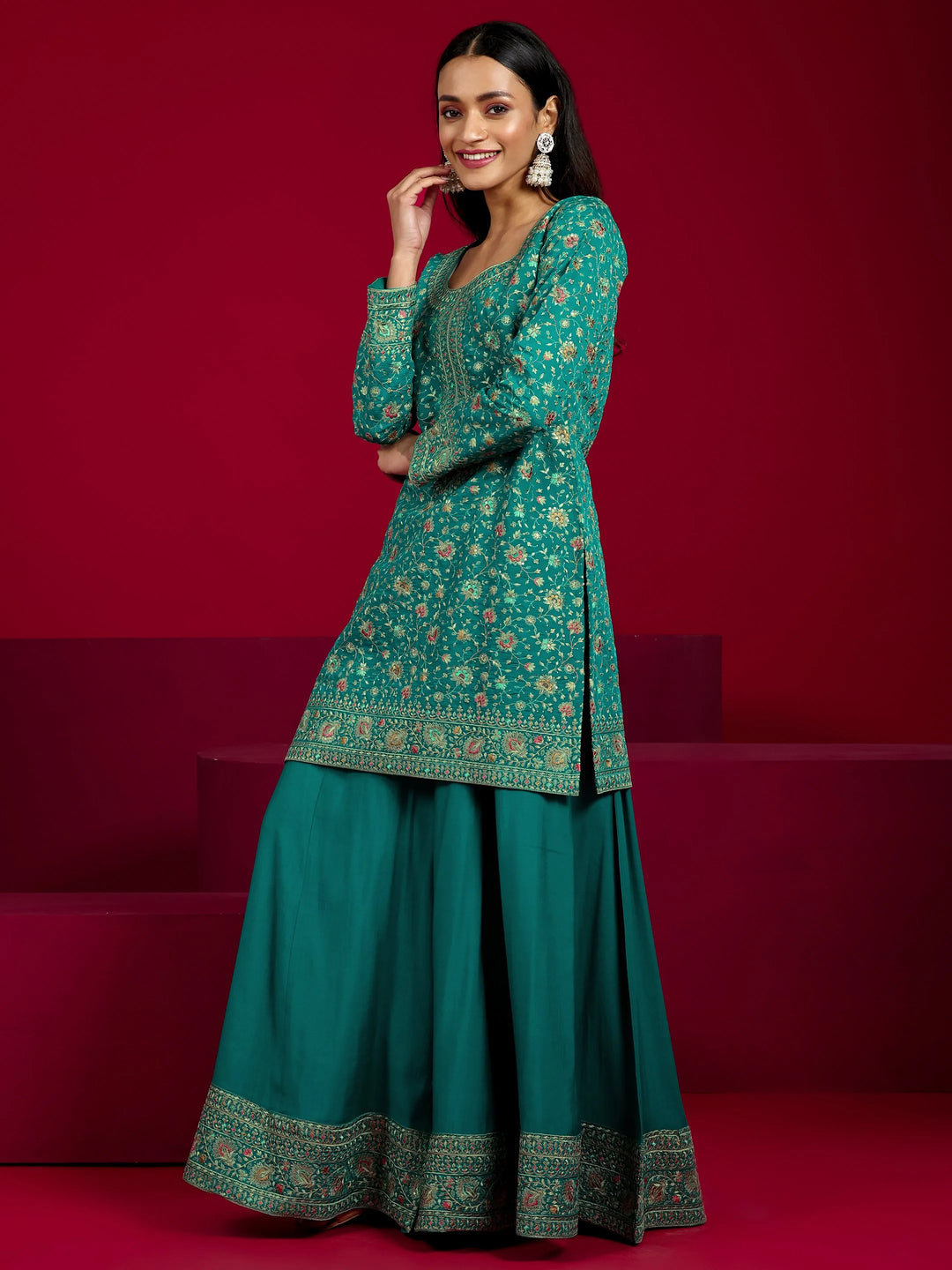  Libas Art Green Embroidered Silk Blend Straight Suit With Dupatta 