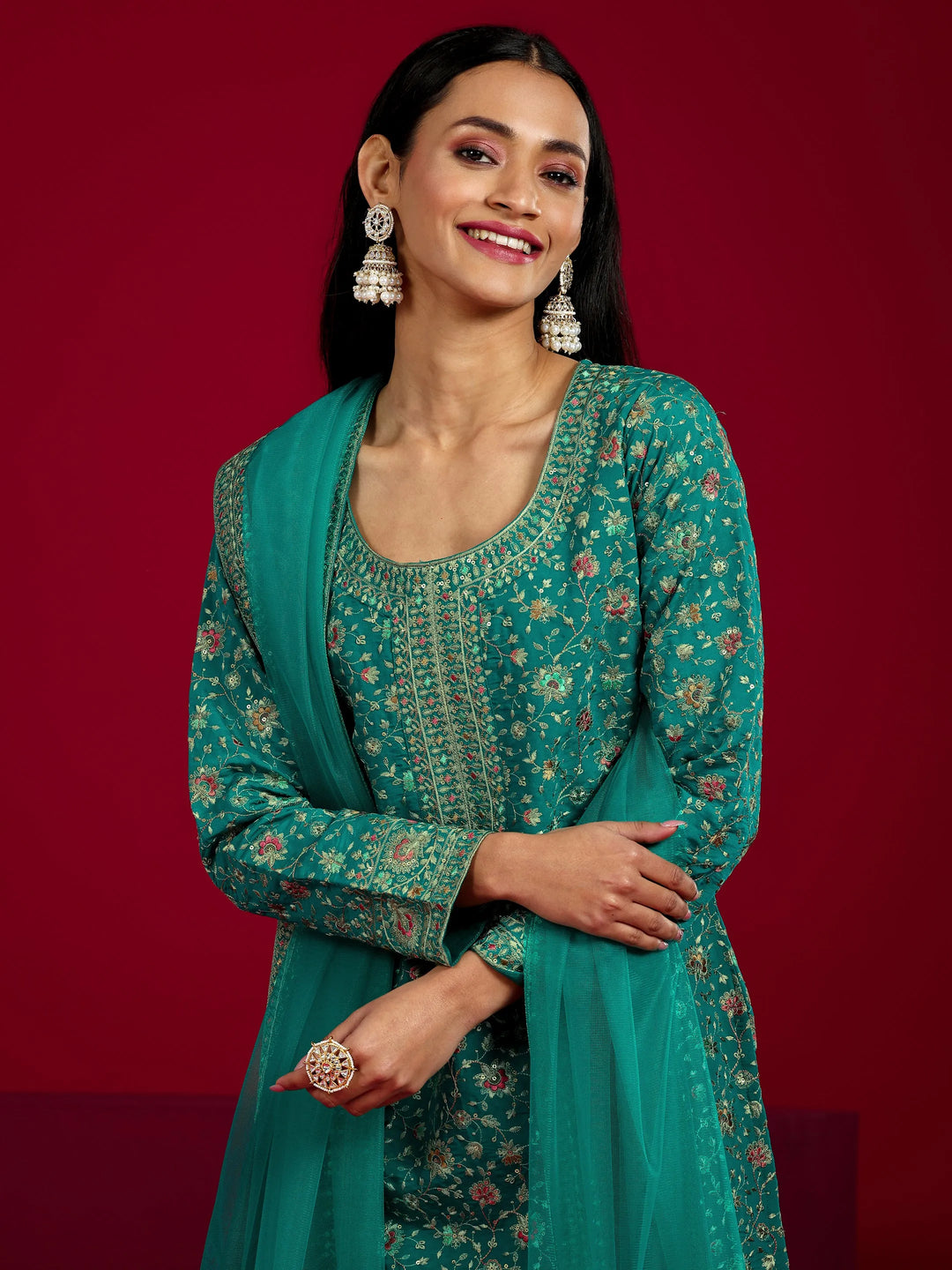  Libas Art Green Embroidered Silk Blend Straight Suit With Dupatta 