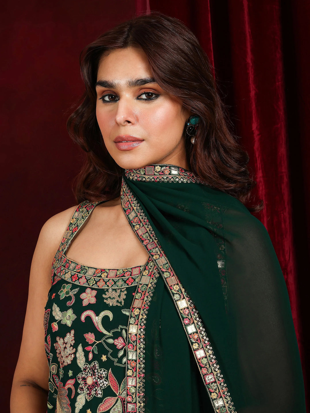  Libas Art Green Embroidered Georgette Straight Suit With Dupatta 