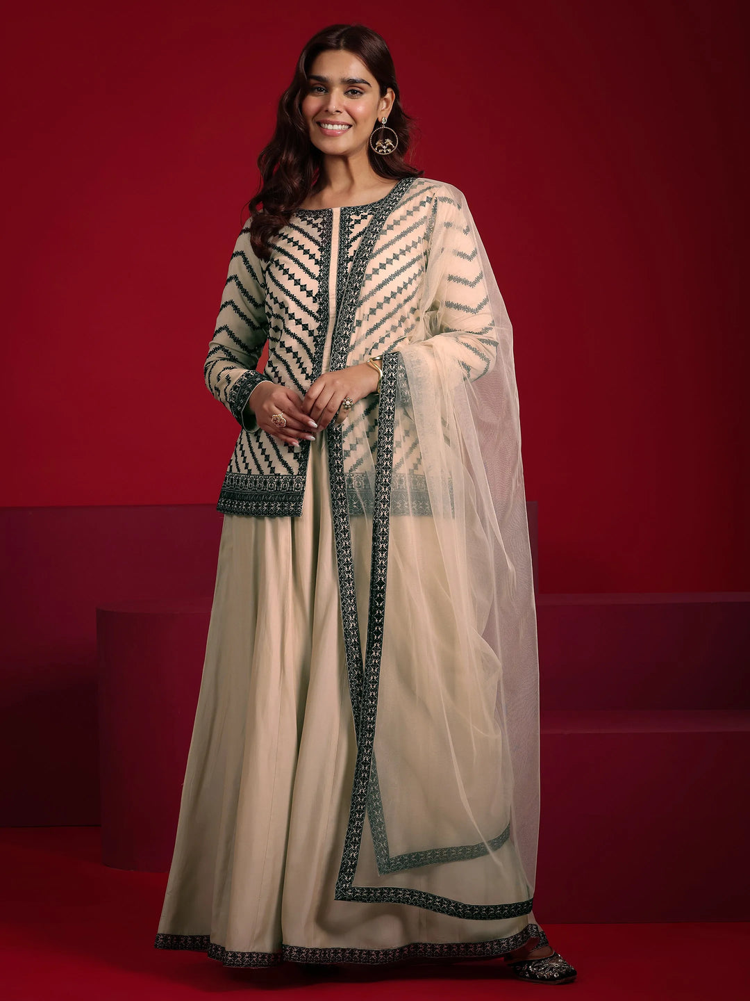  Libas Art Beige Embroidered Silk Blend A-line Suit With Dupatta 