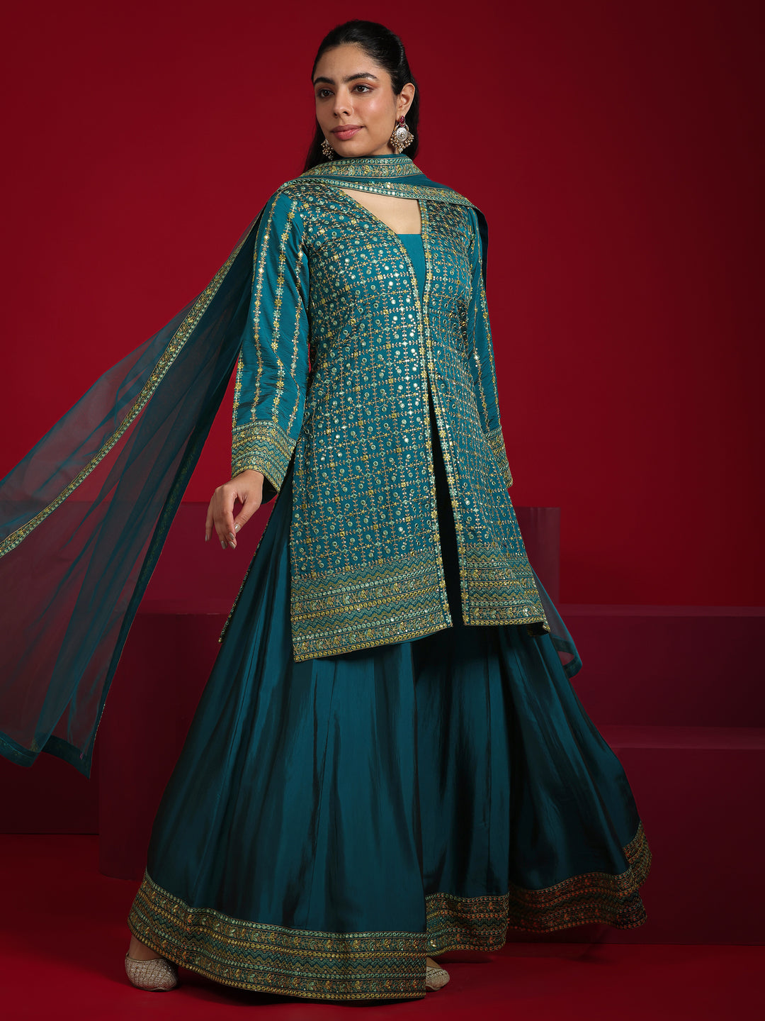  Libas Art Teal Embroidered Silk Blend Straight Suit With Dupatta 