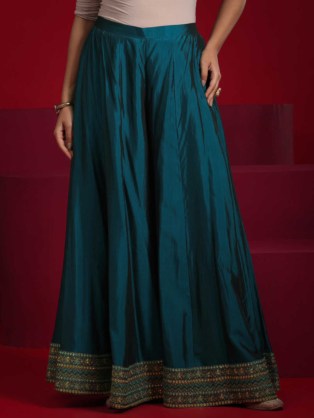  Libas Art Teal Embroidered Silk Blend Straight Suit With Dupatta 