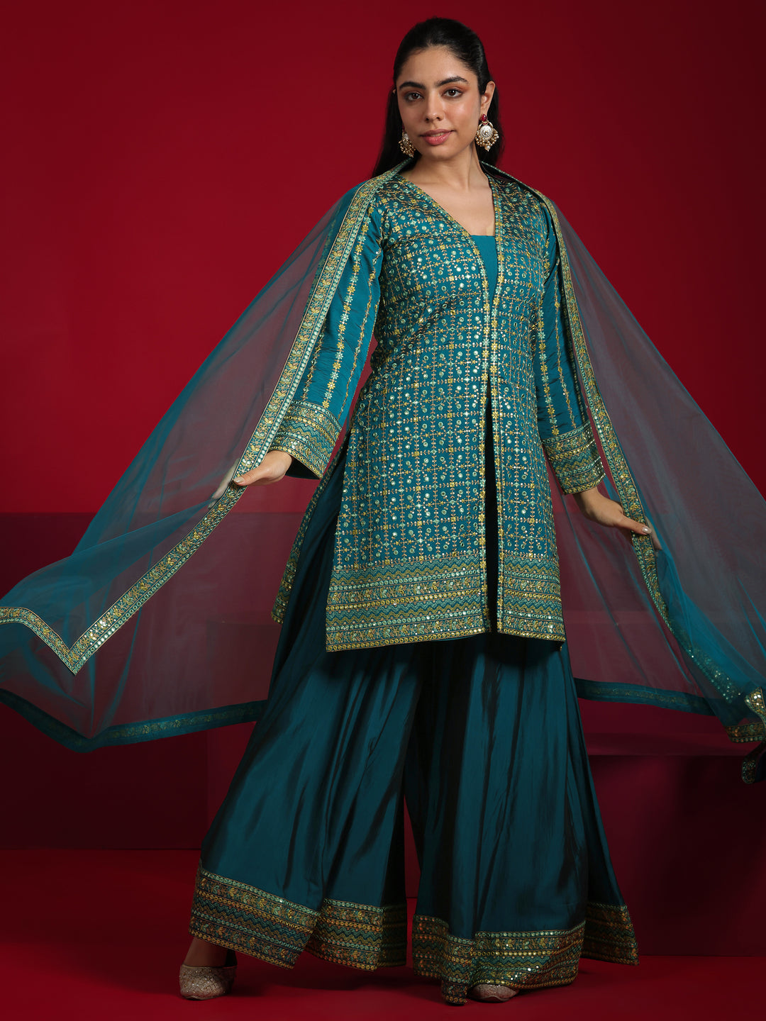  Libas Art Teal Embroidered Silk Blend Straight Suit With Dupatta 