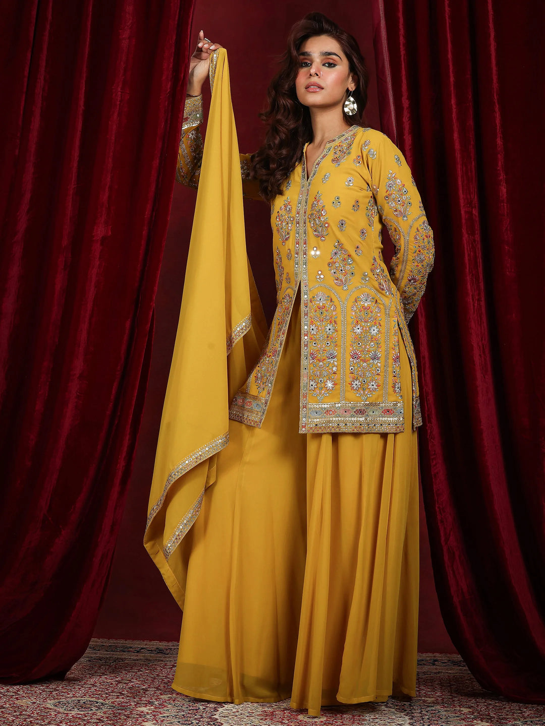  Libas Art Mustard Embroidered Georgette Straight Suit With Dupatta 