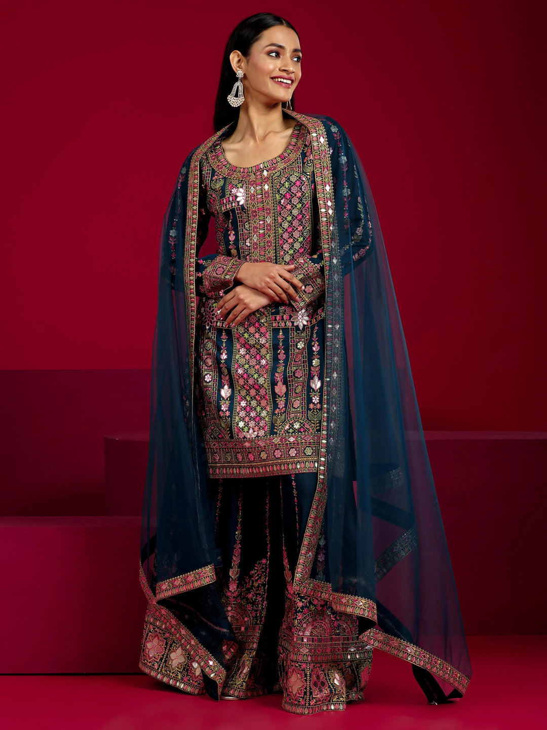  Libas Art Teal Embroidered Silk Blend Straight Suit With Dupatta 