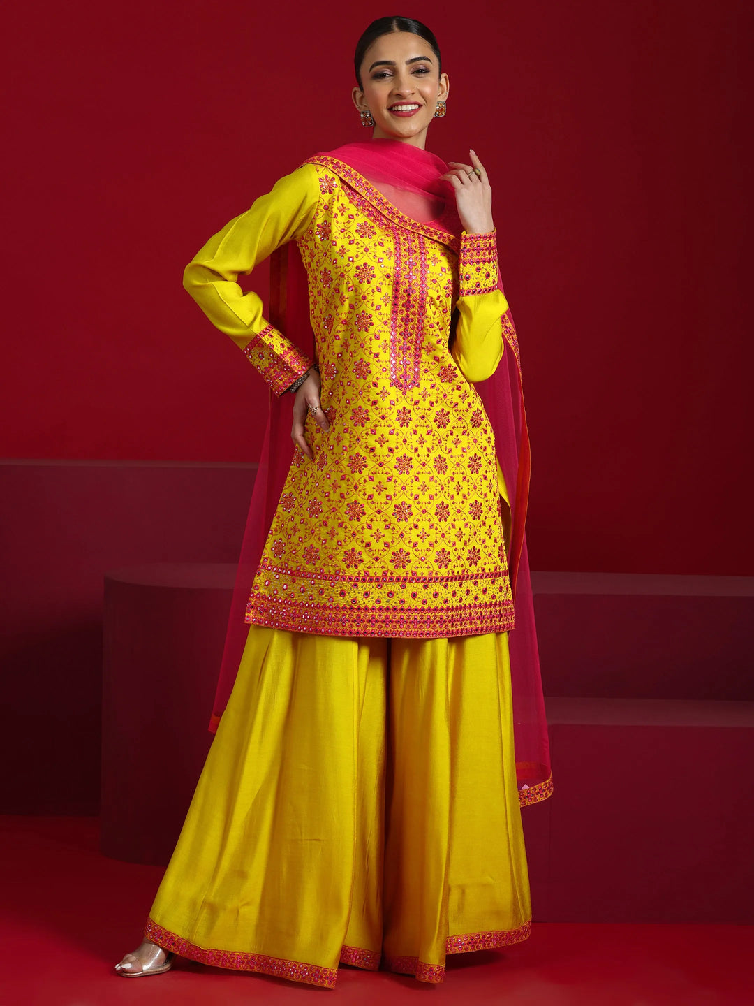  Libas Art Mustard Embroidered Silk Blend Straight Suit With Dupatta 