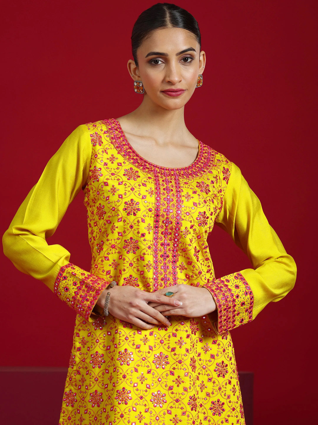  Libas Art Mustard Embroidered Silk Blend Straight Suit With Dupatta 