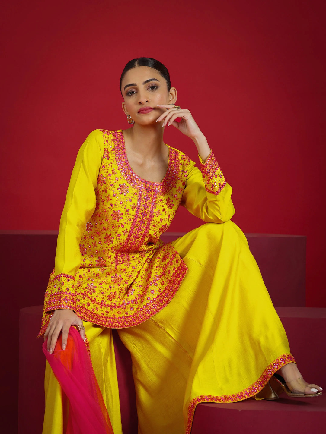  Libas Art Mustard Embroidered Silk Blend Straight Suit With Dupatta 