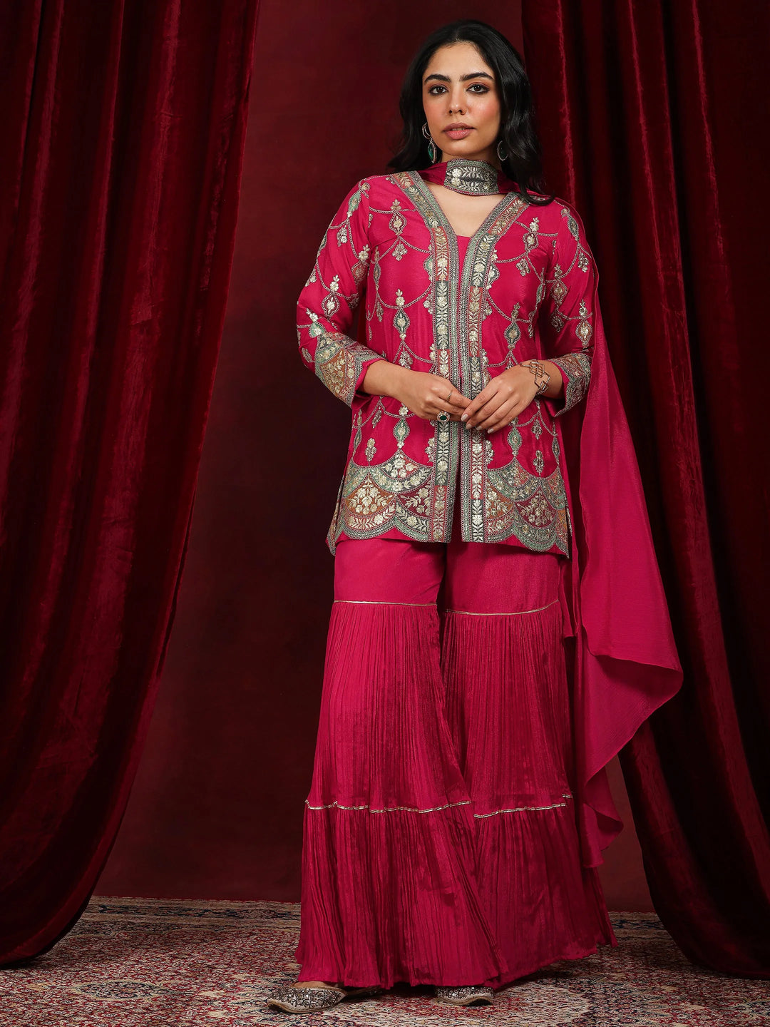  Libas Art Pink Embroidered Silk Blend Straight Suit With Dupatta 