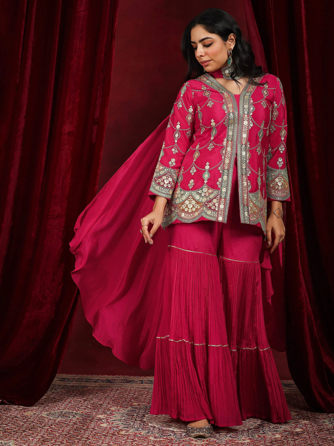  Libas Art Pink Embroidered Silk Blend Straight Suit With Dupatta 