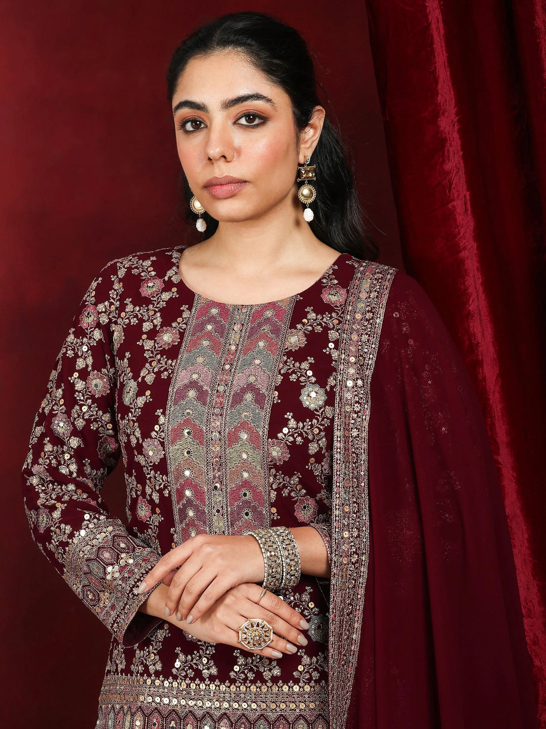  Libas Art Maroon Embroidered Georgette Straight Suit With Dupatta 