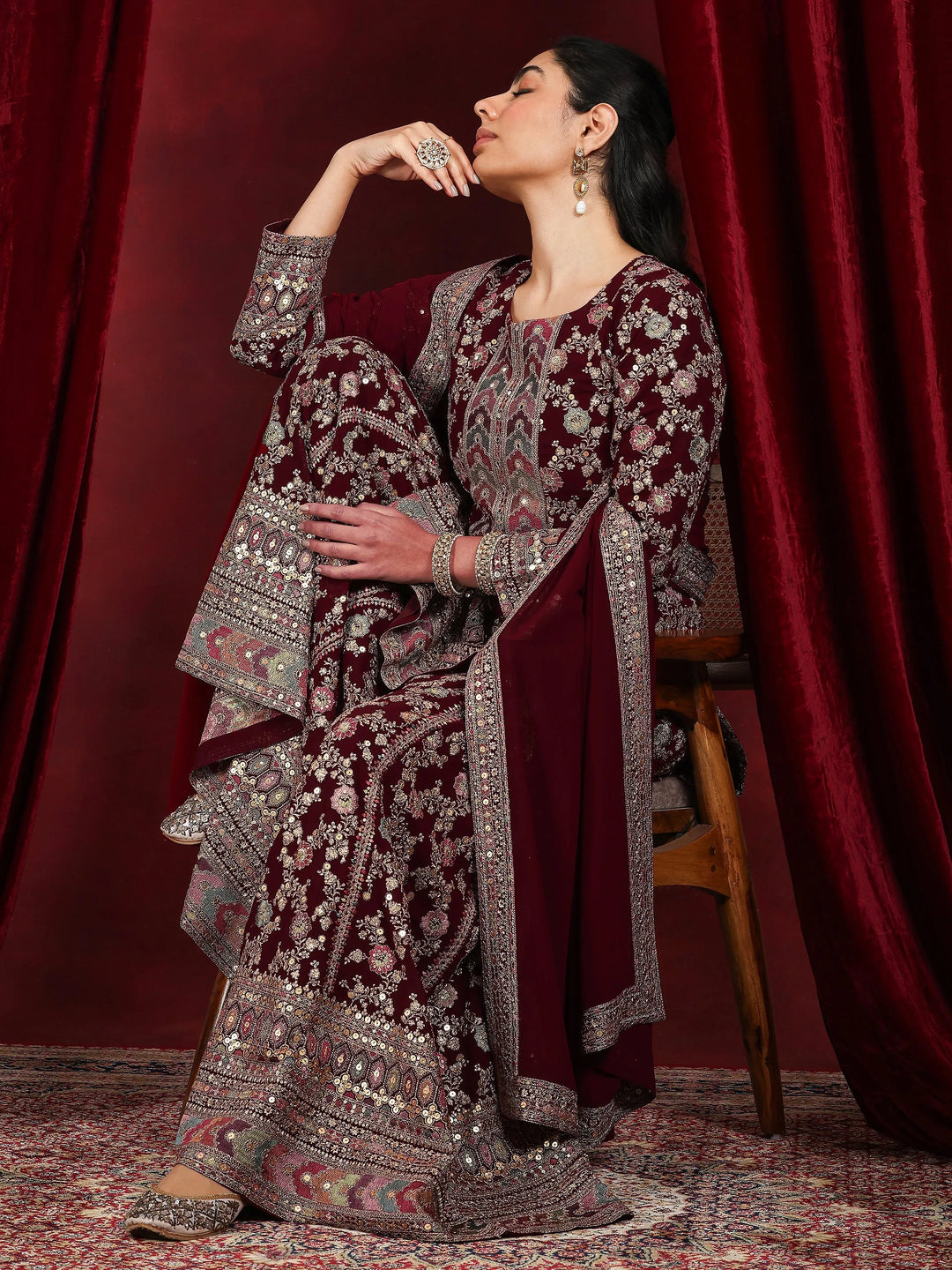  Libas Art Maroon Embroidered Georgette Straight Suit With Dupatta 