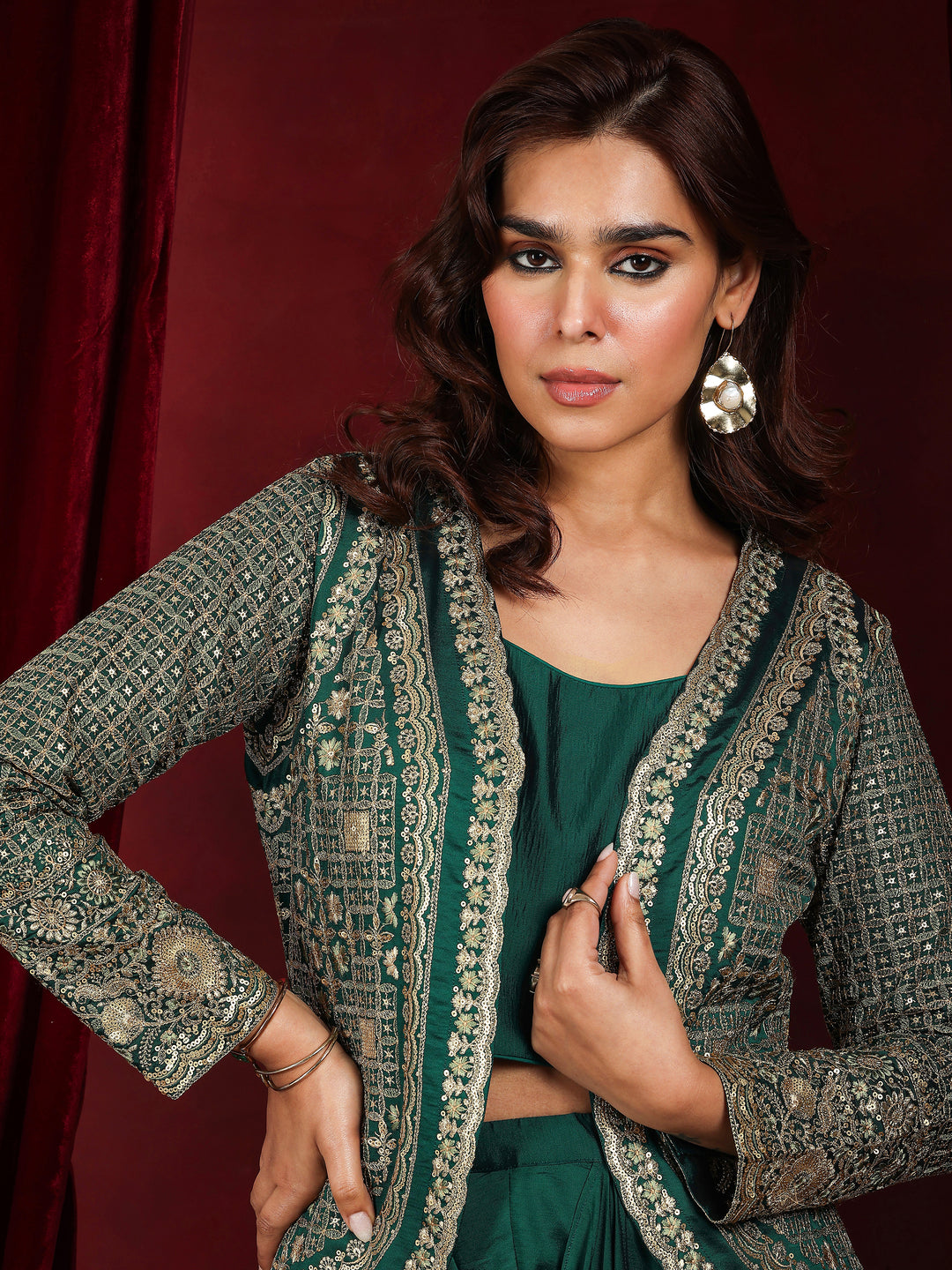  Libas Art Green Embroidered Silk Blend 3 Piece Co-Ords With Shrug 