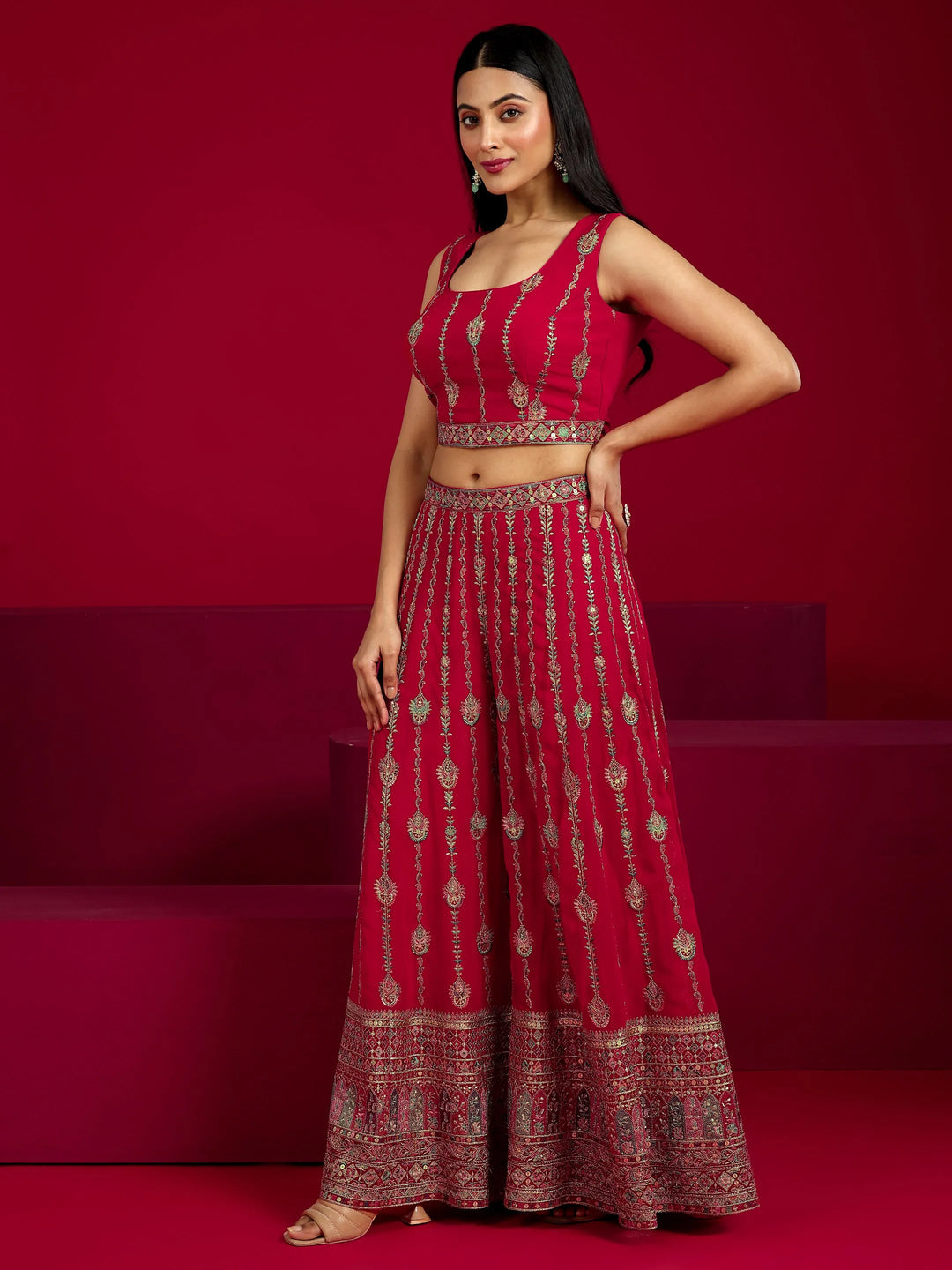  Libas Art Red Embroidered Georgette 3 Piece Co-Ord Sets With Shrug 