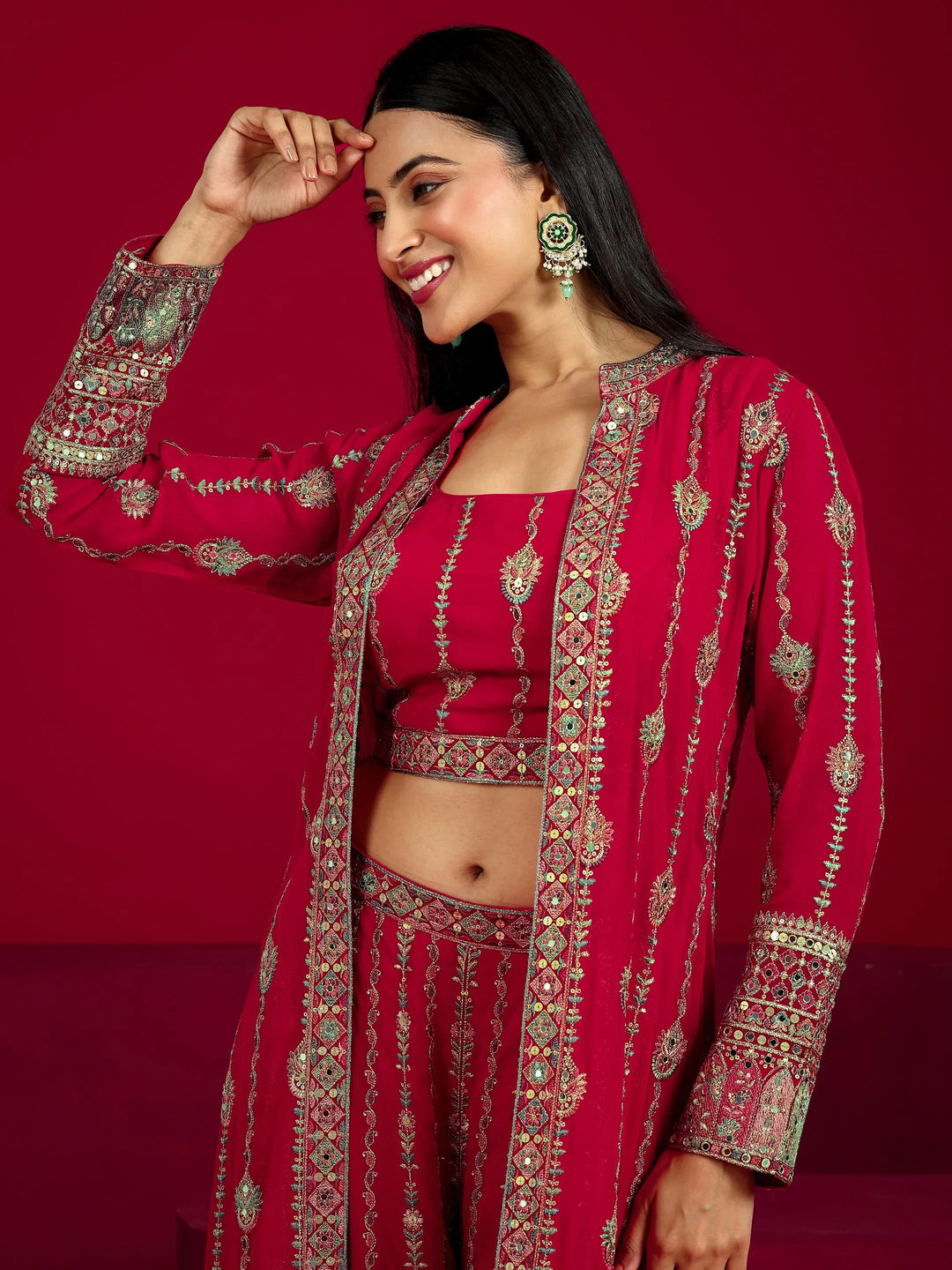  Libas Art Red Embroidered Georgette 3 Piece Co-Ord Sets With Shrug 