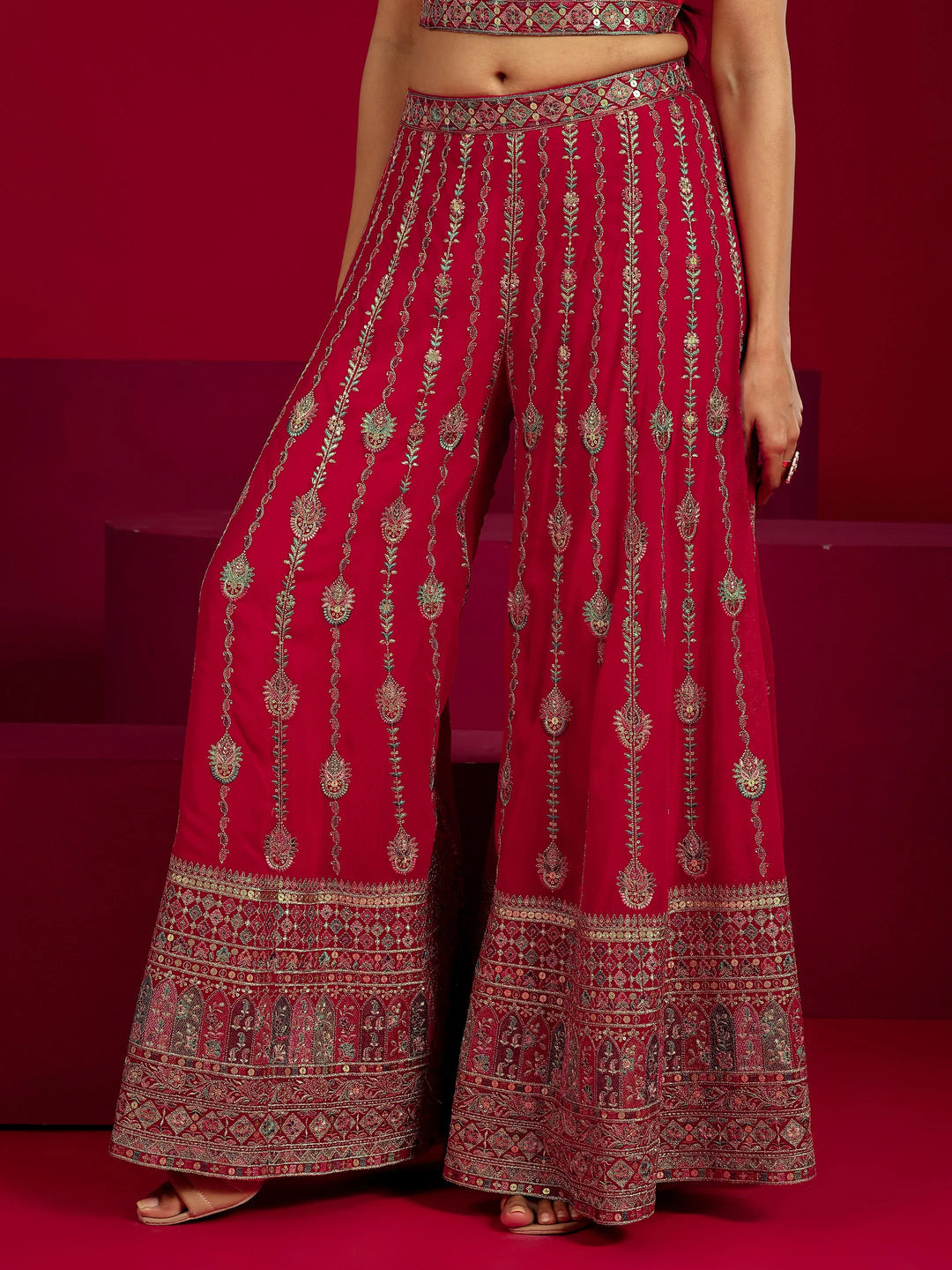  Libas Art Red Embroidered Georgette 3 Piece Co-Ord Sets With Shrug 