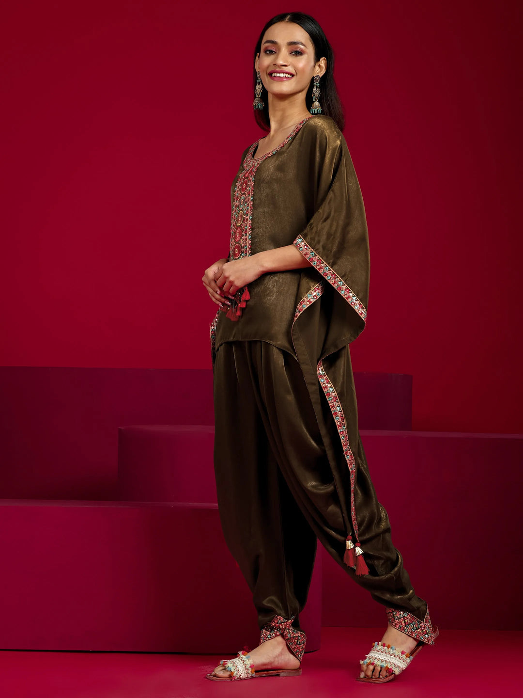  Libas Art Brown Embroidered Silk Blend Straight Kurta Set 