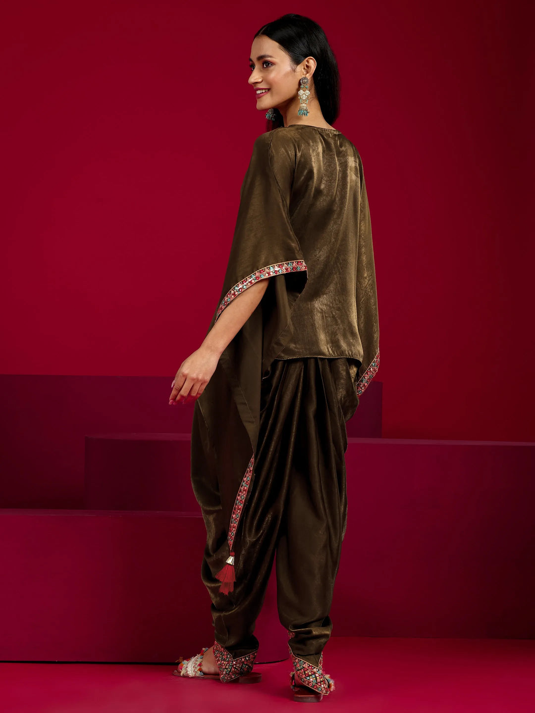  Libas Art Brown Embroidered Silk Blend Straight Kurta Set 