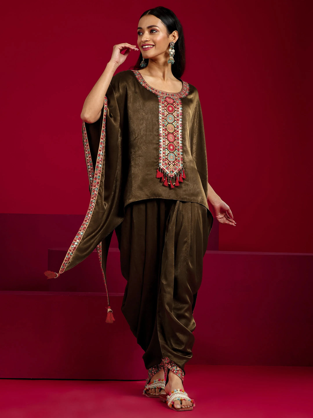  Libas Art Brown Embroidered Silk Blend Straight Kurta Set 