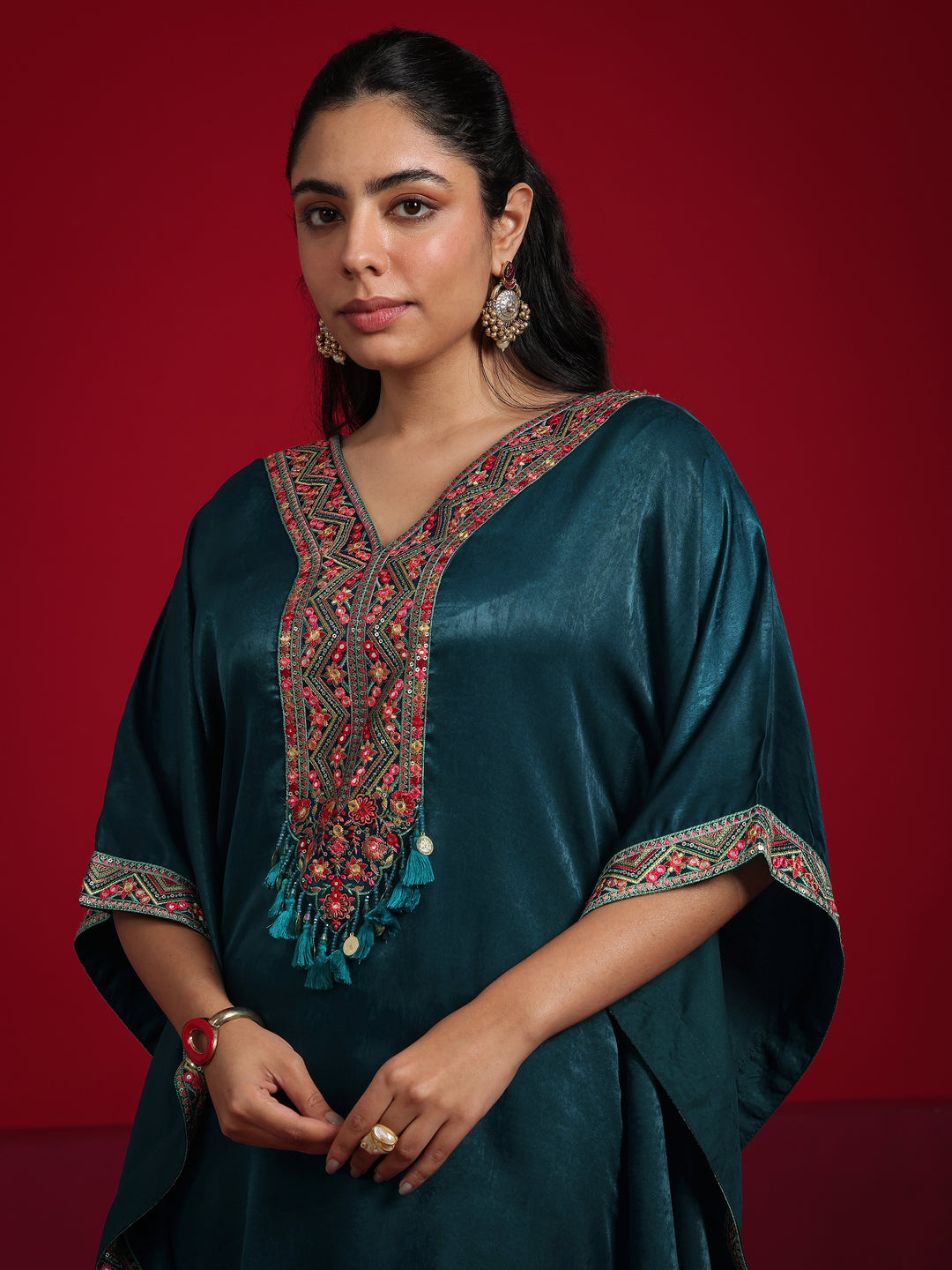  Libas Art Teal Embroidered Silk Blend Straight Kurta Set 