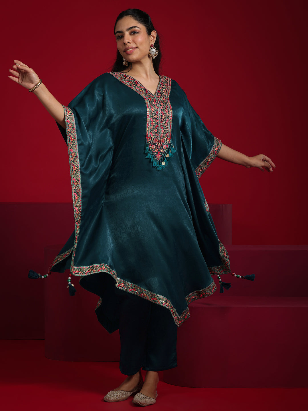  Libas Art Teal Embroidered Silk Blend Straight Kurta Set 