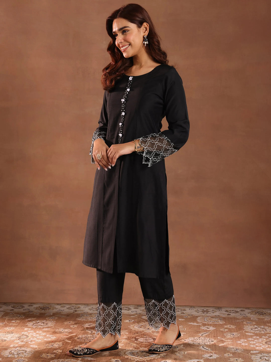  Black Solid Silk Blend Straight Suit With Dupatta 