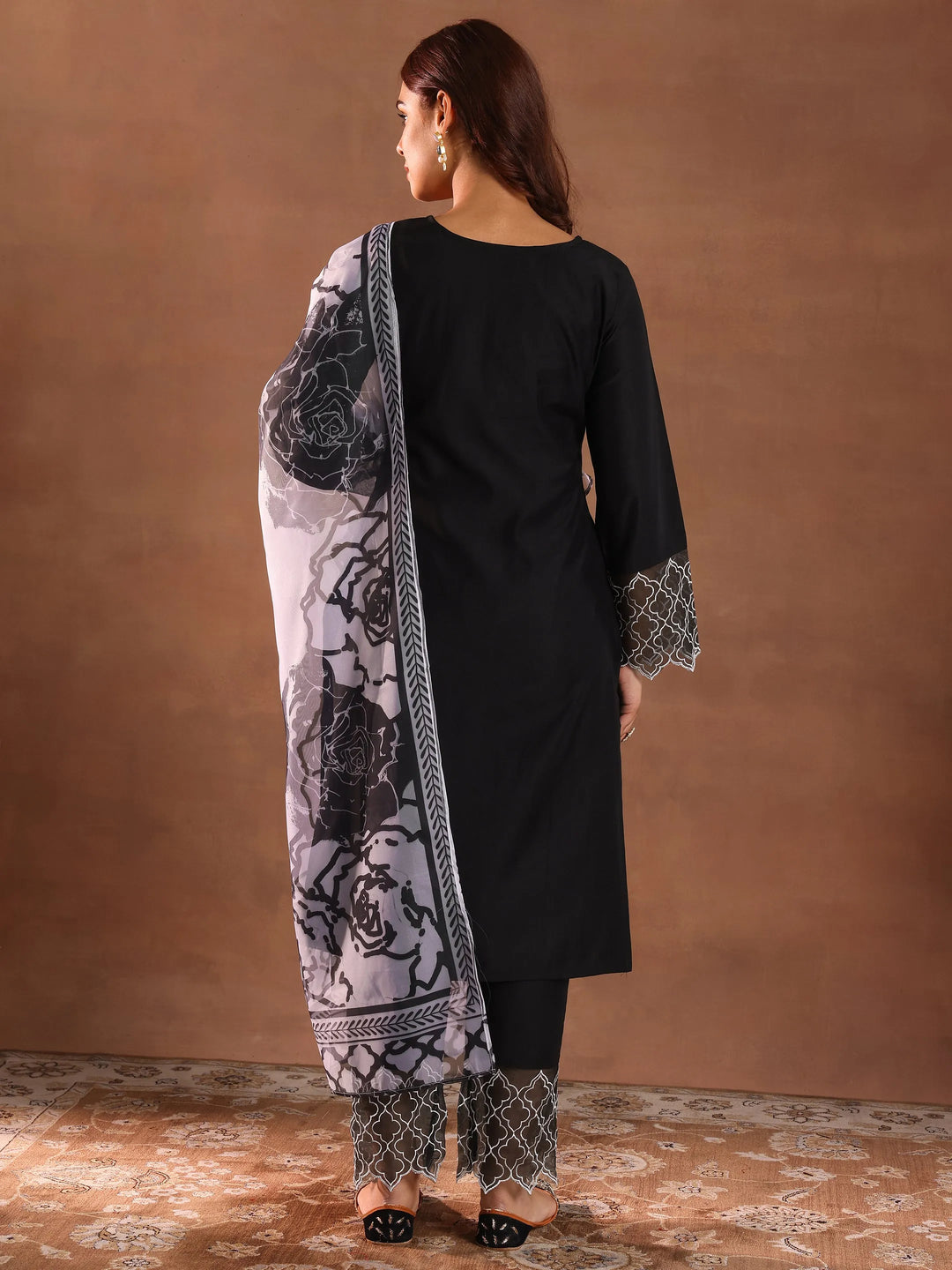  Black Solid Silk Blend Straight Suit With Dupatta 