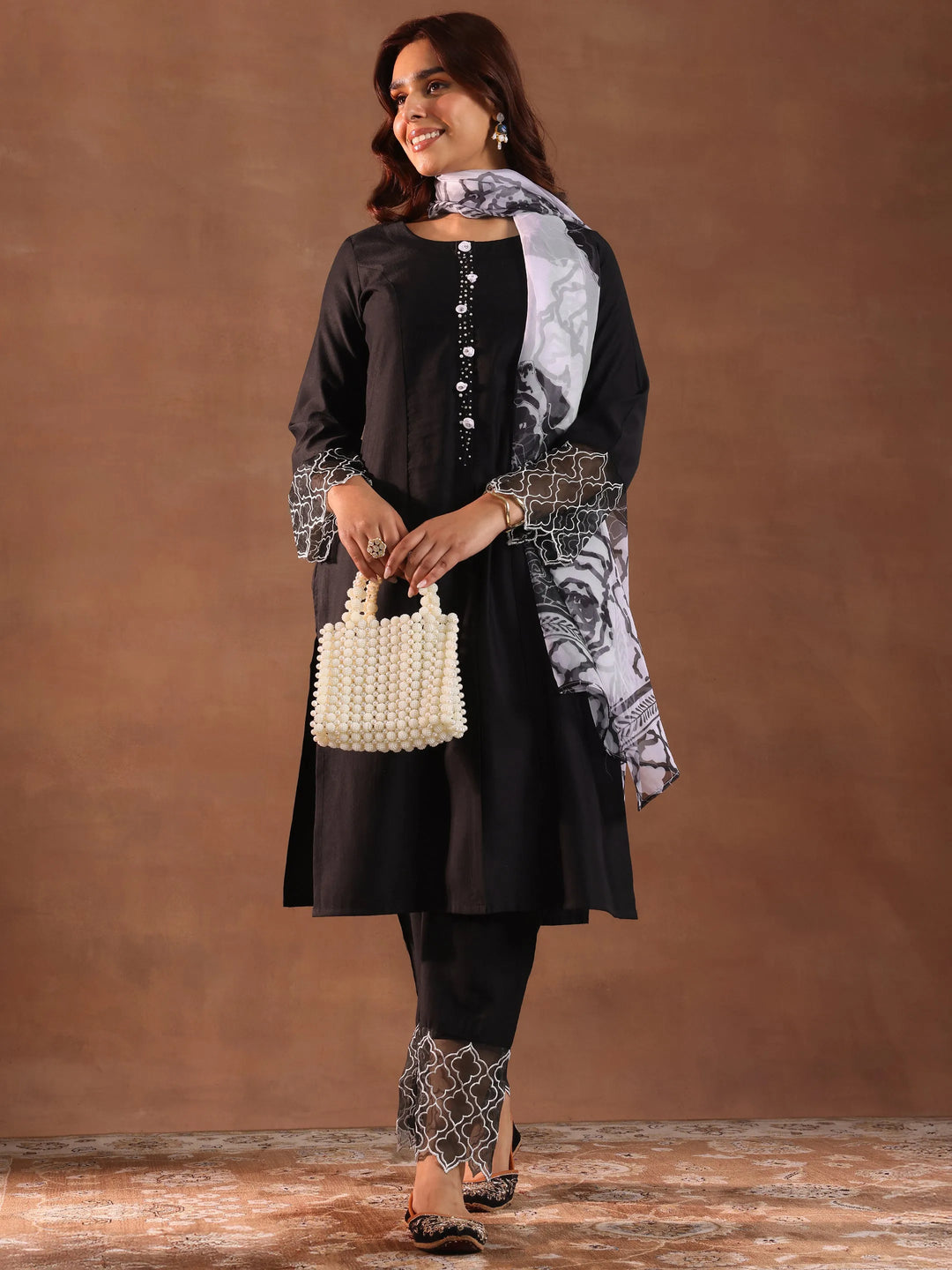  Black Solid Silk Blend Straight Suit With Dupatta 