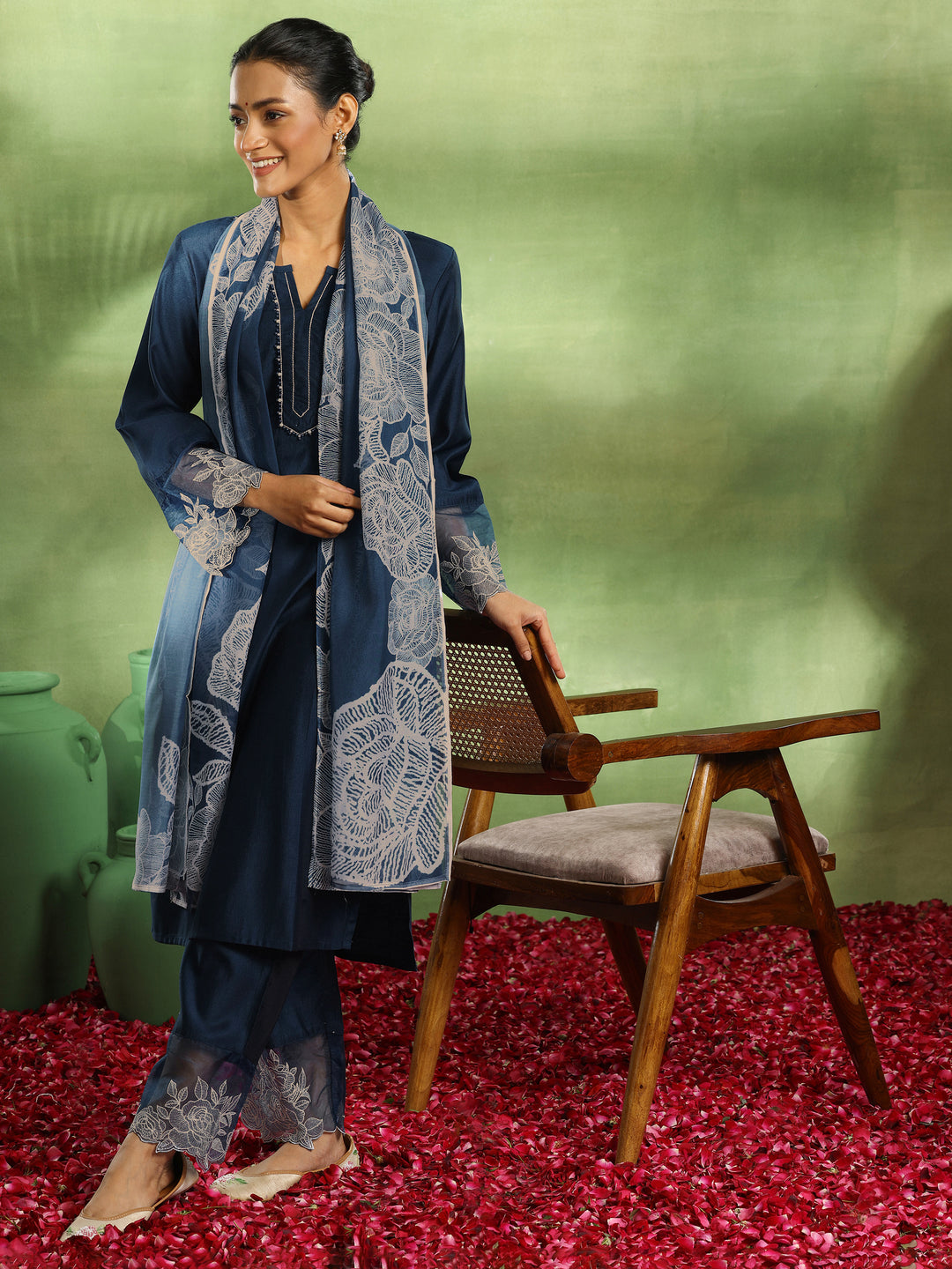 Teal Yoke Design Silk Blend Straight Suit With Dupatta