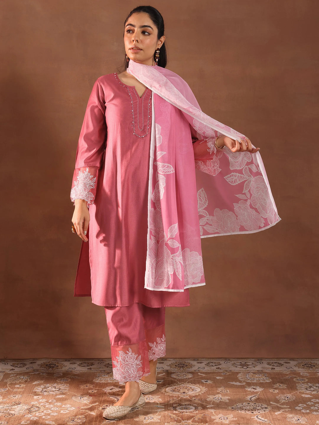  Pink Yoke Design Silk Blend Straight Suit With Dupatta 