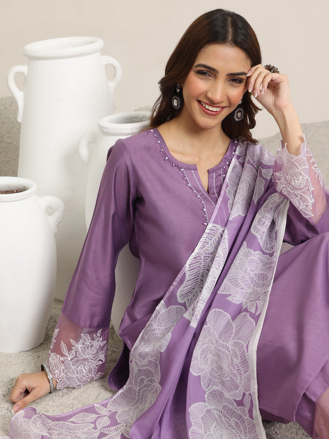  Purple Yoke Design Silk Blend Straight Suit Set With Dupatta 