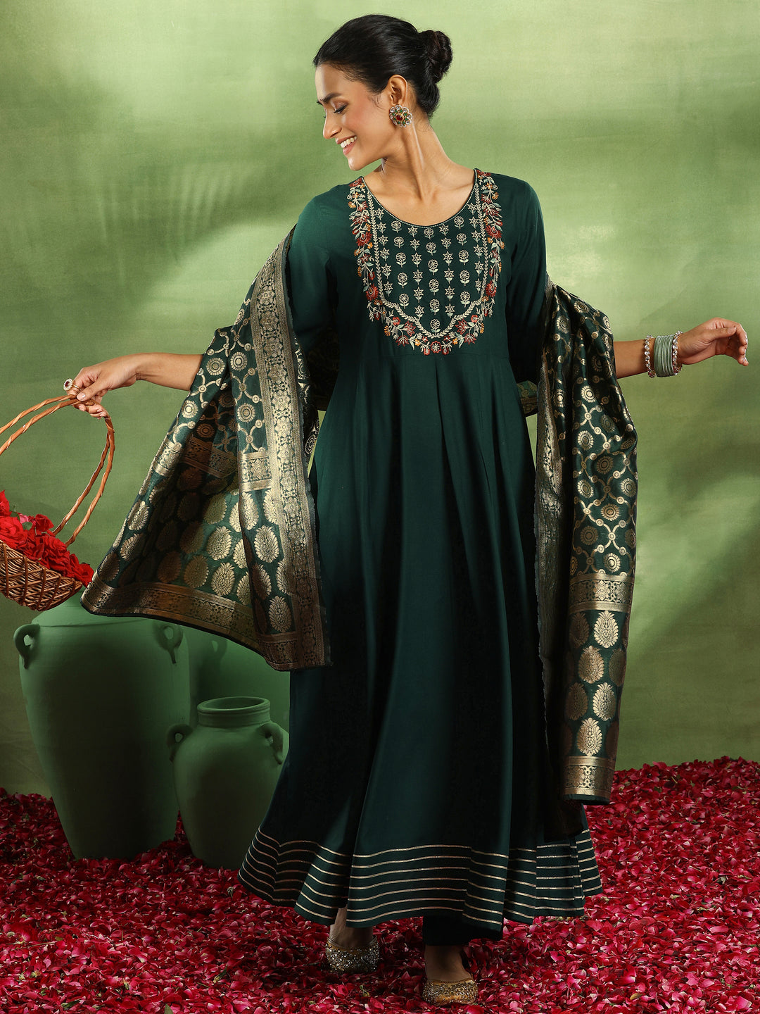 Green Yoke Design Rayon Anarkali Suit With Dupatta