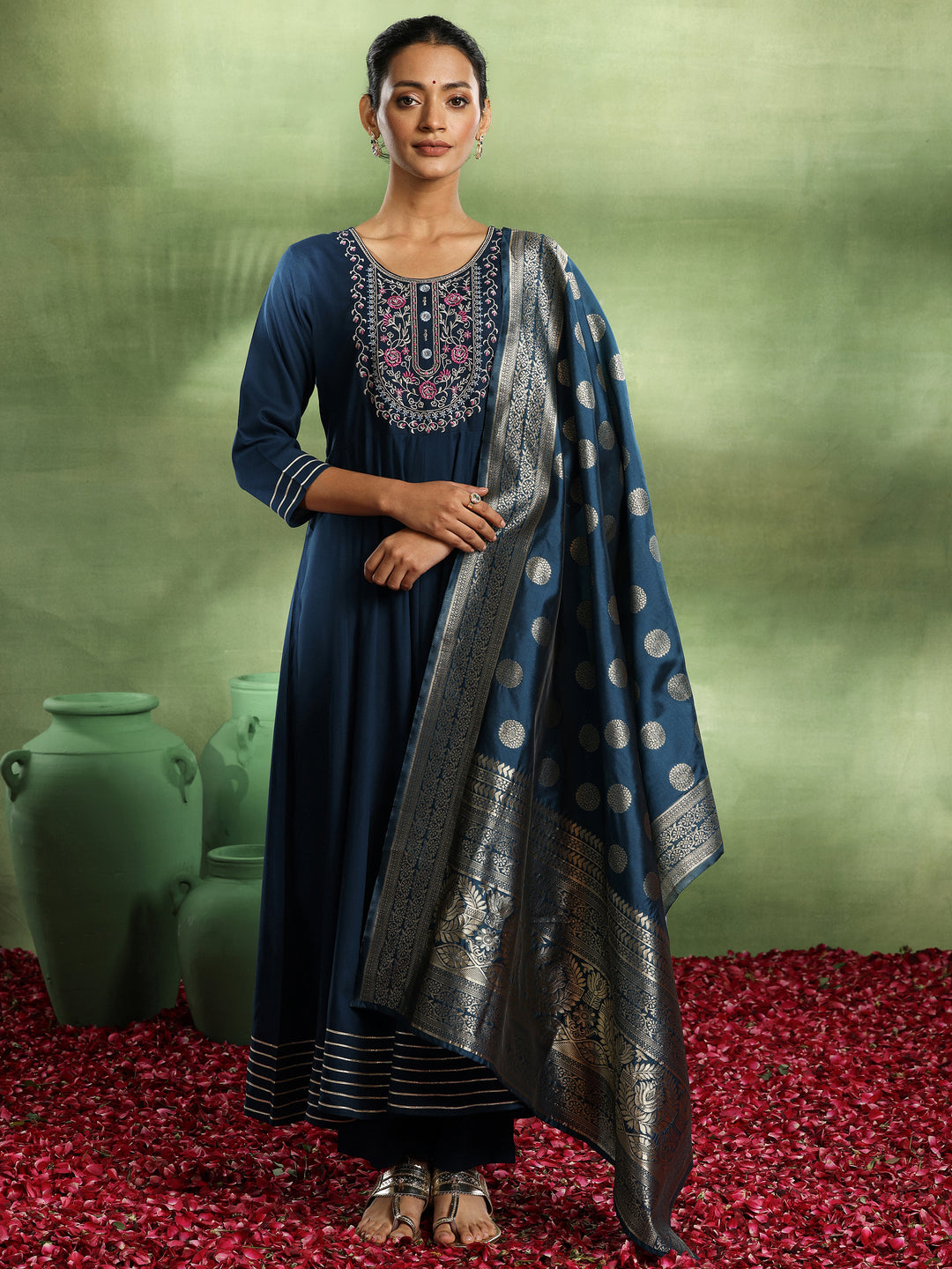  Navy Blue Yoke Design Rayon Anarkali Suit With Dupatta 